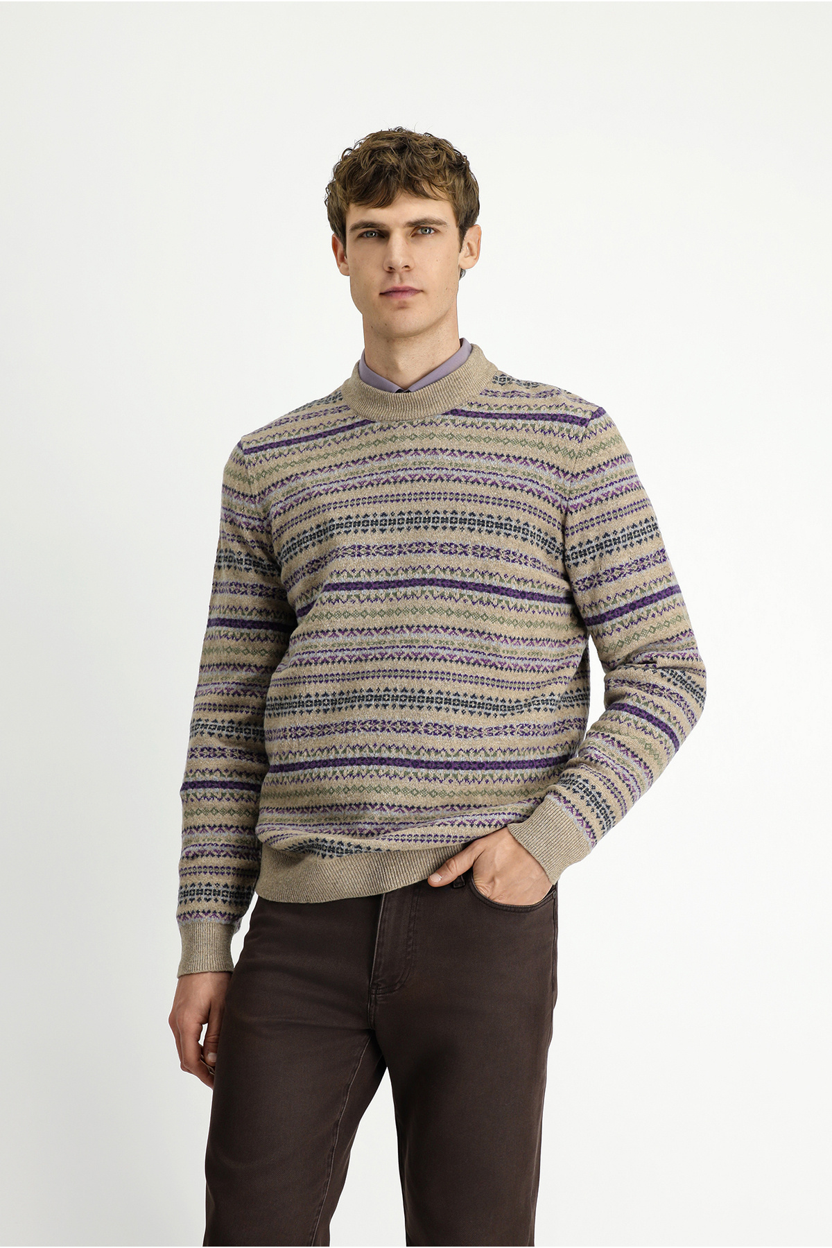 Kiğılı  Bisiklet Yaka Regular Fit Desenli Yünlü Triko Kazak - Görsel 5