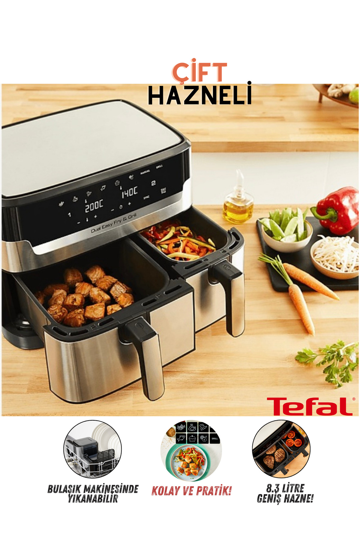 TEFAL Çift Hazneli XXL Airfryer 8.3 Litre Yağsız Sıcak Hava Fritözü 8 Programlı Geniş Aile Kapasitesi