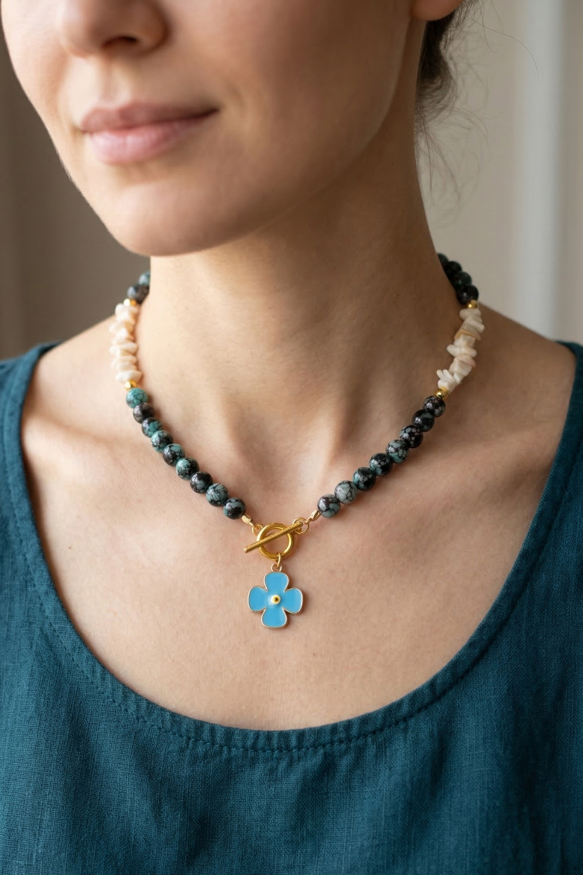 ALAÇATI GLASS BEAD NATURAL STONE NECKLACE