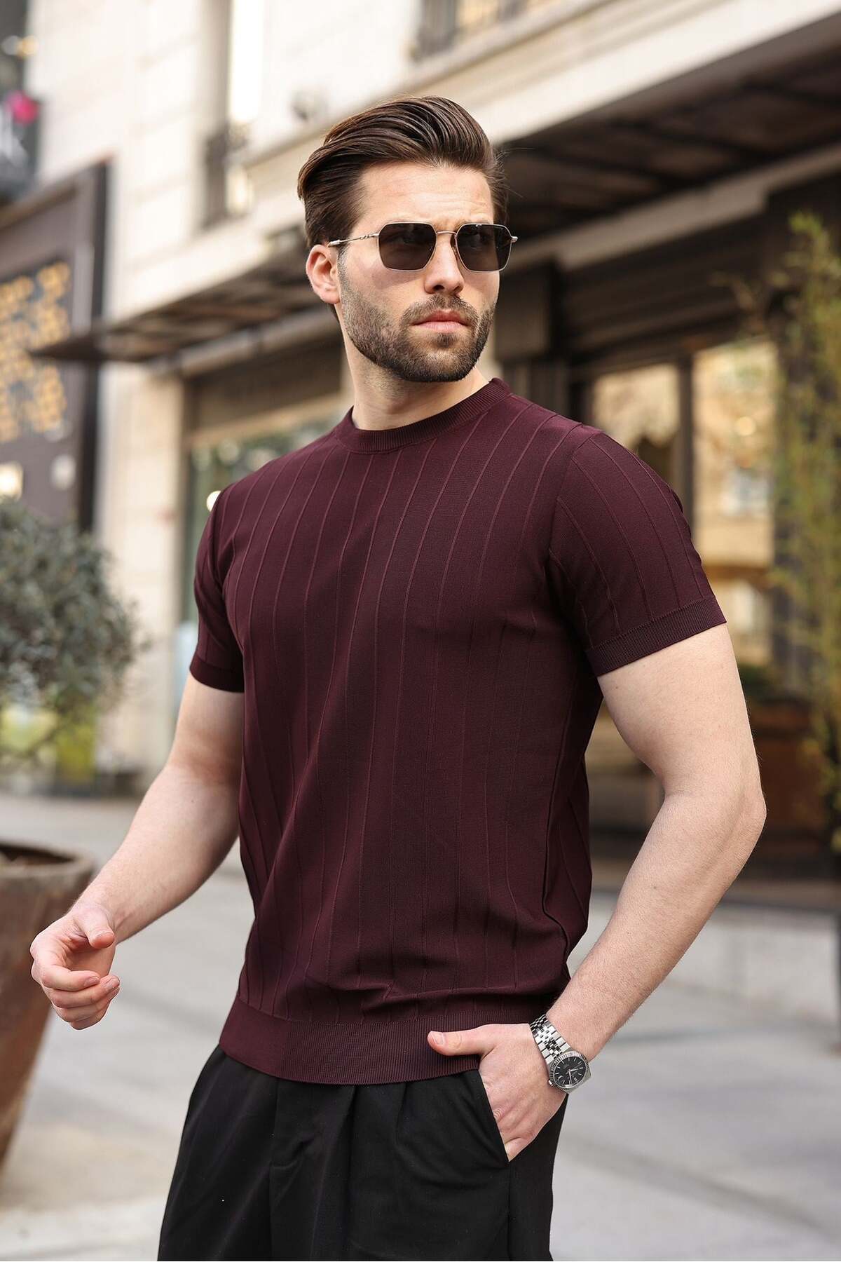 Men's Claret Red Knitwear T-Shirt 5684