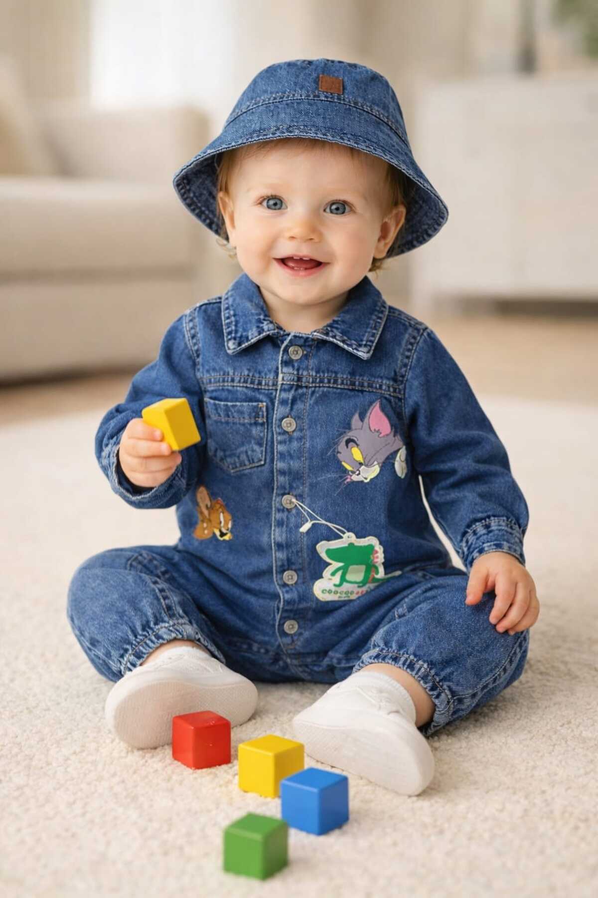 CROCODAYS Unisex Çocuk Bebek Kot (JEANS) Baskılı Şapkalı Tulum (3/6/9/12/18) Ay fotoğrafı 4 (önizleme)