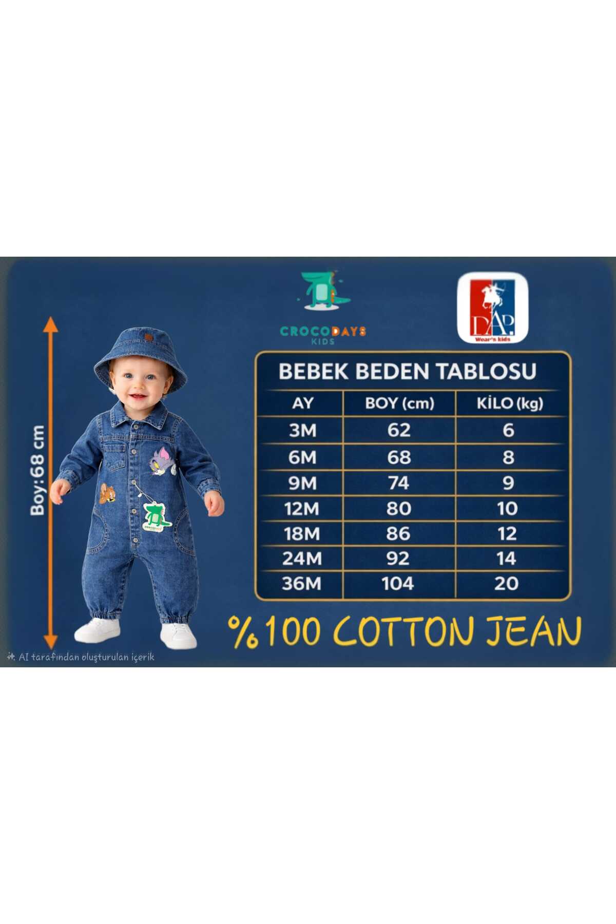 CROCODAYS Unisex Çocuk Bebek Kot (JEANS) Baskılı Şapkalı Tulum (3/6/9/12/18) Ay fotoğrafı 7 (önizleme)