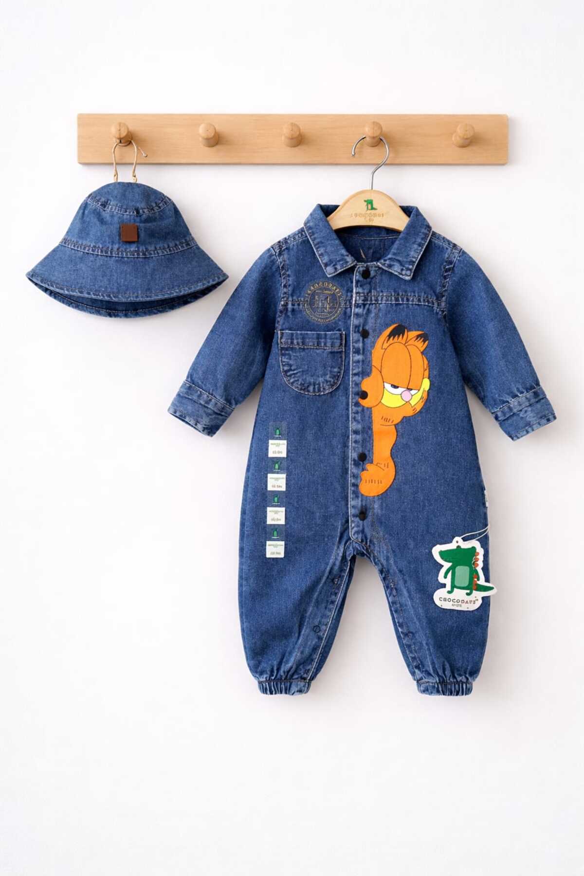 CROCODAYS Unisex Çocuk Bebek Kot (JEANS) Baskılı Şapkalı Tulum (3/6/9/12/18) Ay fotoğrafı 3 (önizleme)