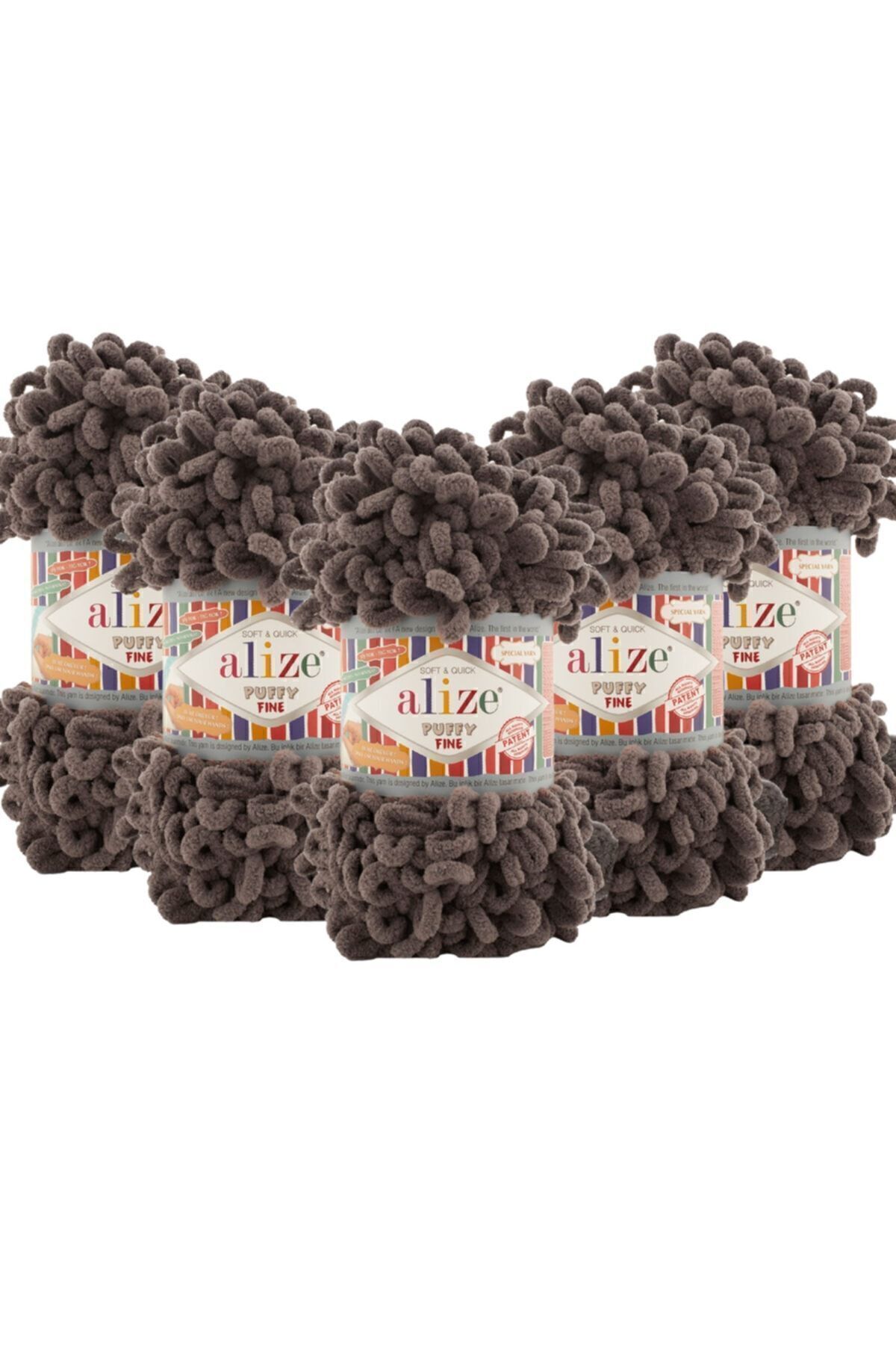 Puffy Fine (SMALL LOOP ) Hand Knitting Yarn 5-Pack - 305 Coffee - 100 Gr. 14.5 Mt. Finger Knitting Yarn