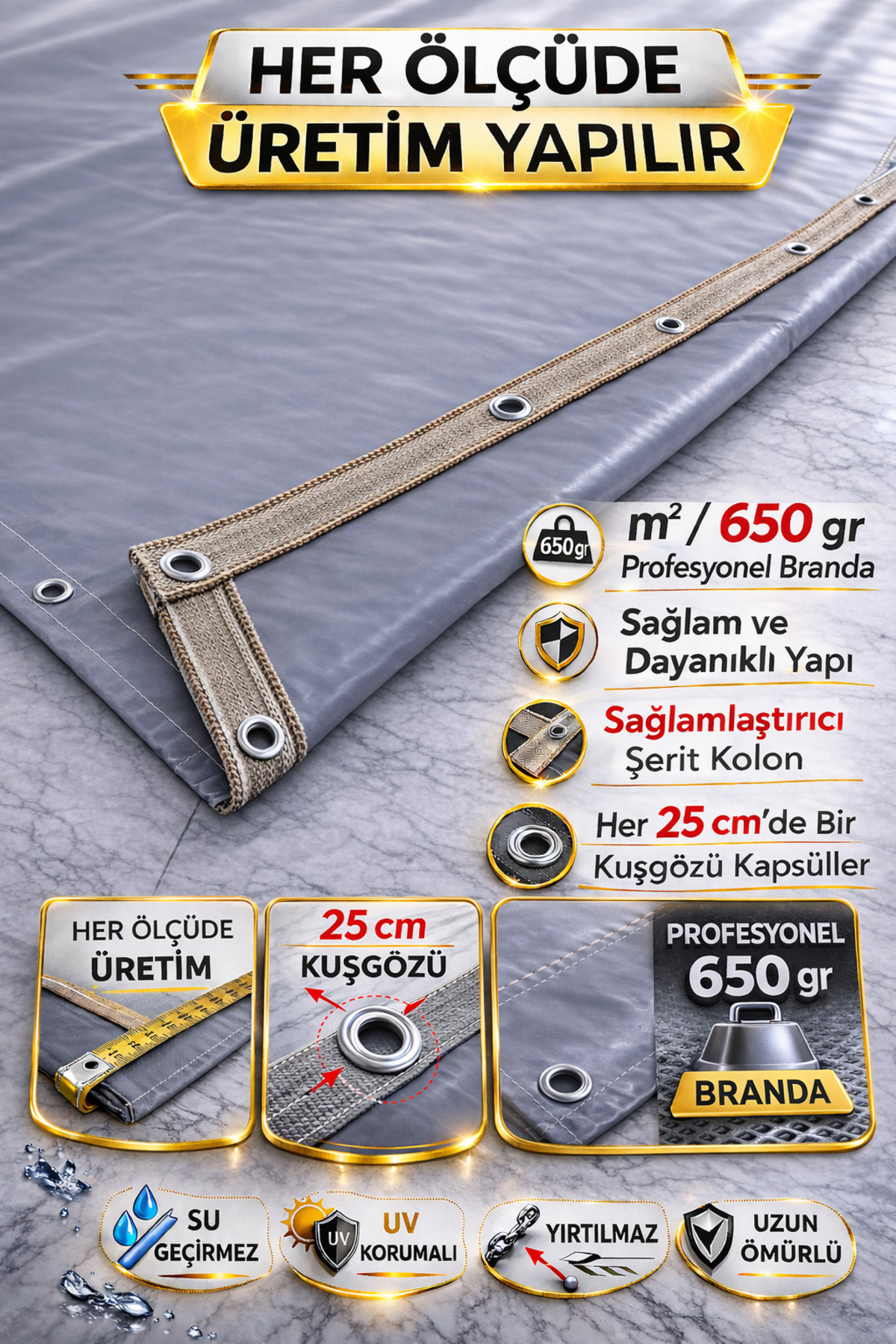 650 Gr/m² Professional Encapsulated Grey Polyester Tarpaulin – Water and UV Proof - Balcony, Garage, Garden