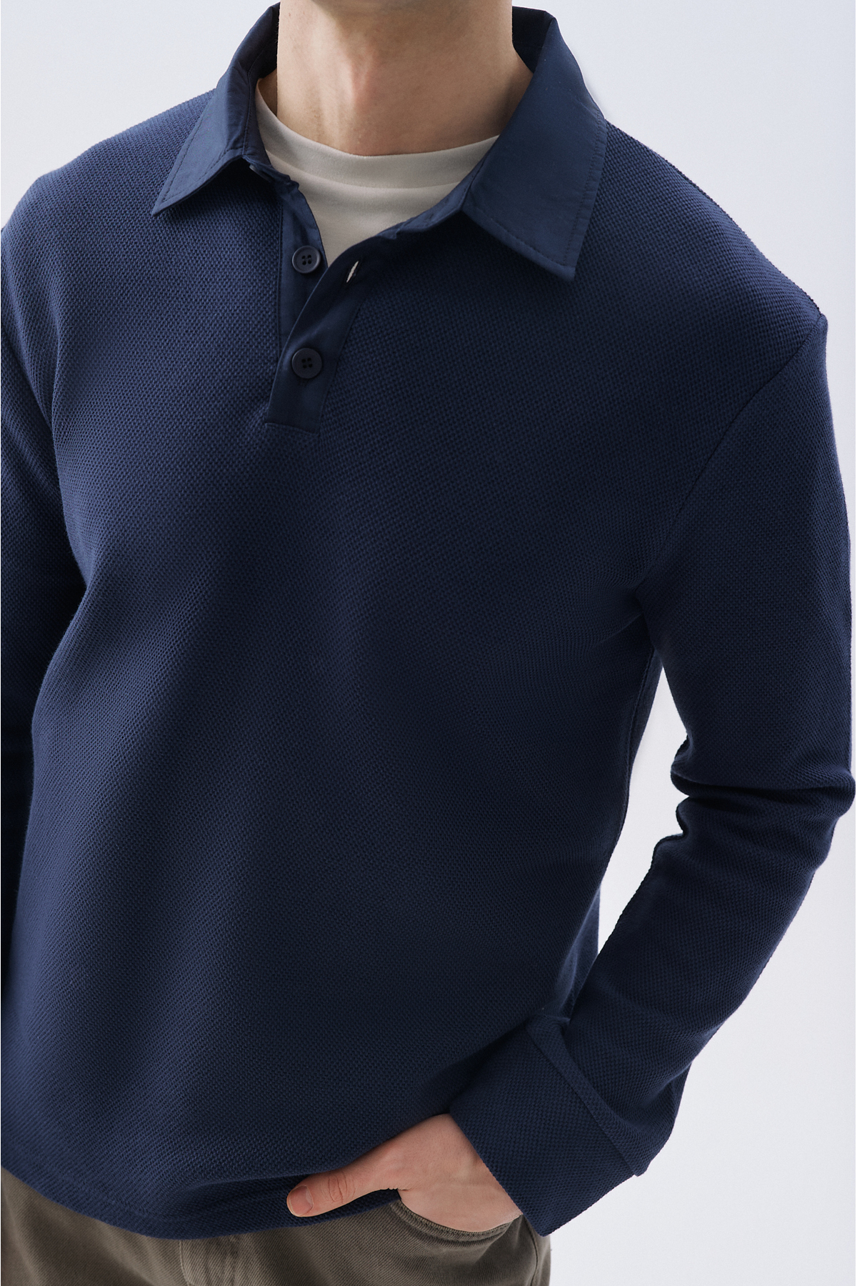 Mudo Erkek Lacivert Tekstürlü Polo Yaka Sweatshirt görsel 3
