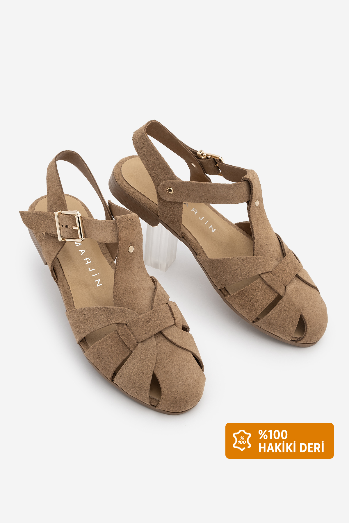 Women's Genuine Leather Ankle Band Buckle Front Closed Casual Sandals Yenzar Camel Suede