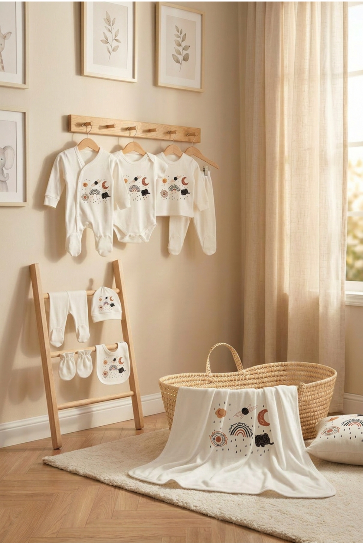 bebeqon 11 Parça Sevimli Bohem Baskılı Yenidoğan Hastane Çıkışı Seti %100 Pamuk fotoğrafı 4 (önizleme)