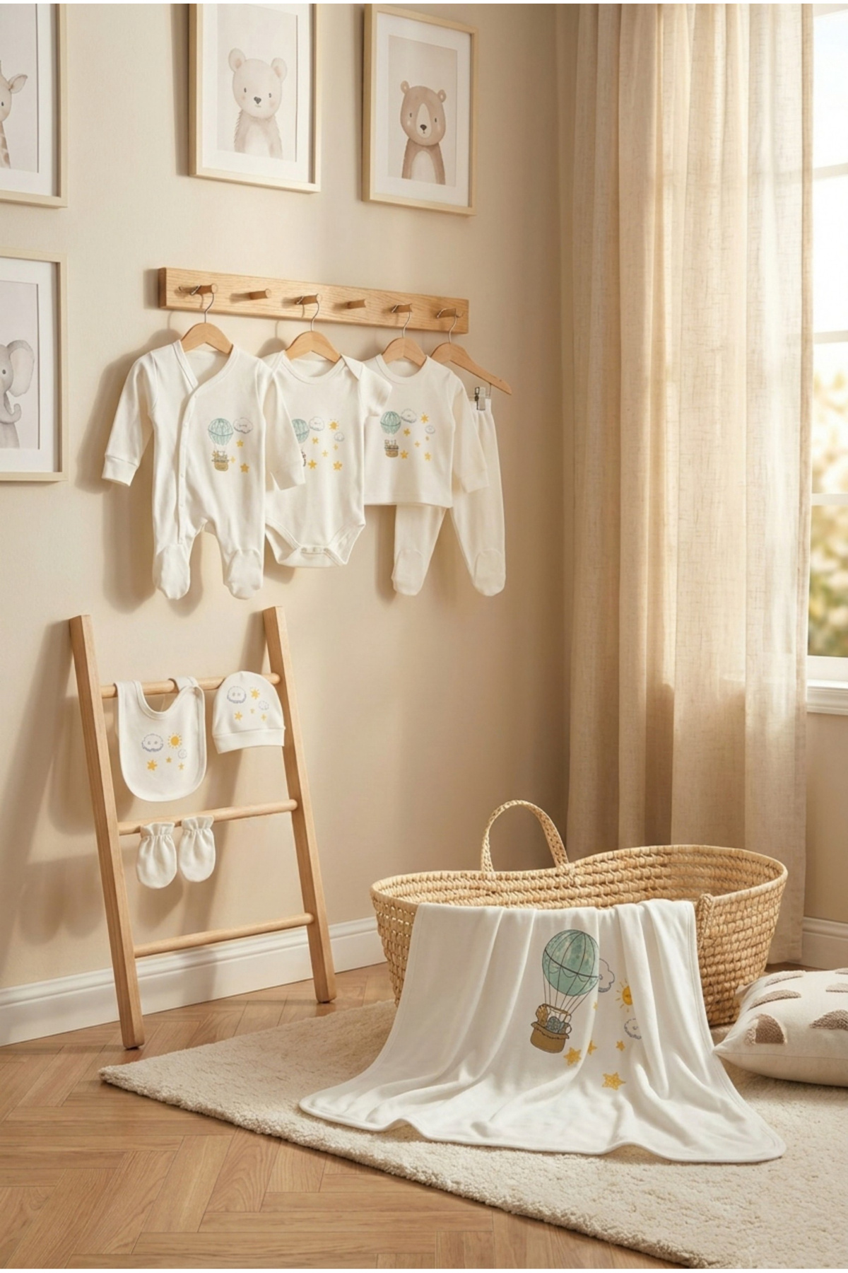 bebeqon 11 Parça Sevimli Balon ve Yıldız Baskılı Yenidoğan Hastane Çıkışı Seti %100 Pamuk Beyaz fotoğrafı 2 (önizleme)