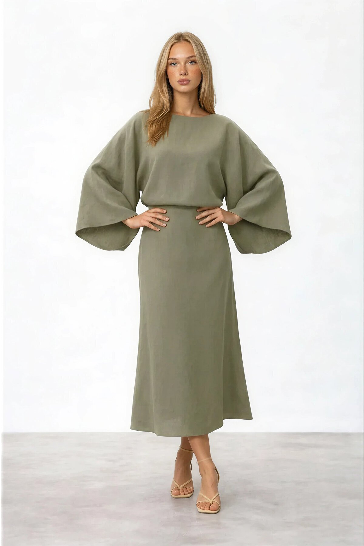 VAGGON  Salaş Kesim Yarasa Kol Uzun Elbise - Görsel 2