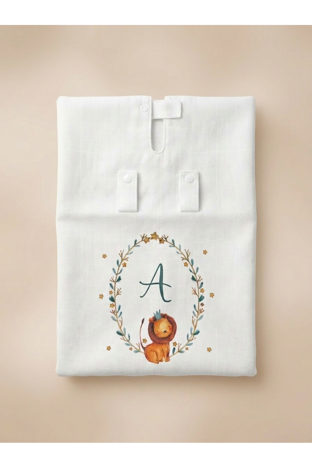 bebeqon Müslin Bebek Puset Örtüsü A Harfli Aslan Figürlü Beyaz 70x110 cm fotoğrafı 5 (önizleme)