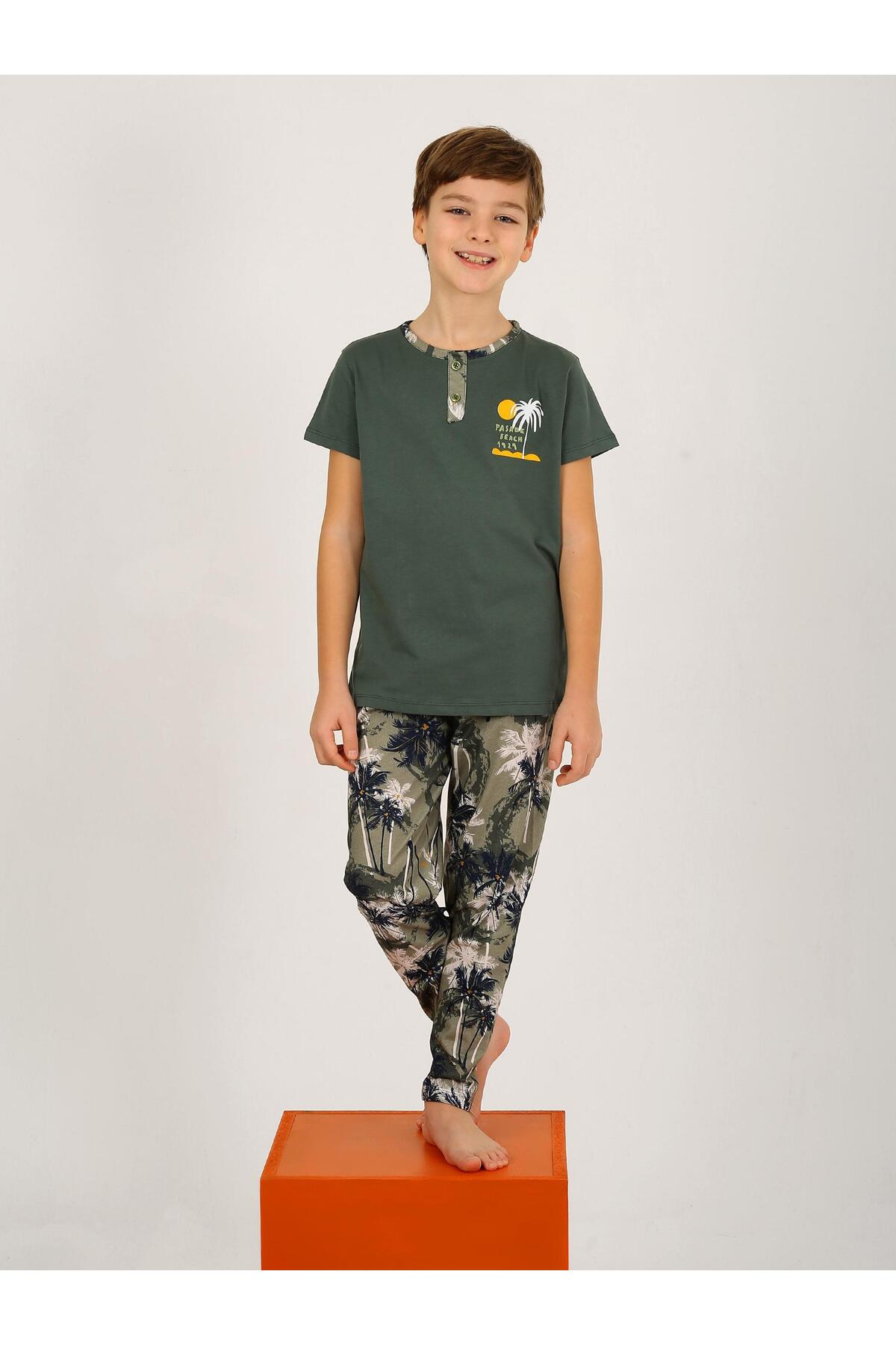 vitmo Erkek Çocuk Kısa Kollu Düğme Detaylı %100 Pamuklu Pijama Takımı The Palm fotoğrafı 3 (önizleme)