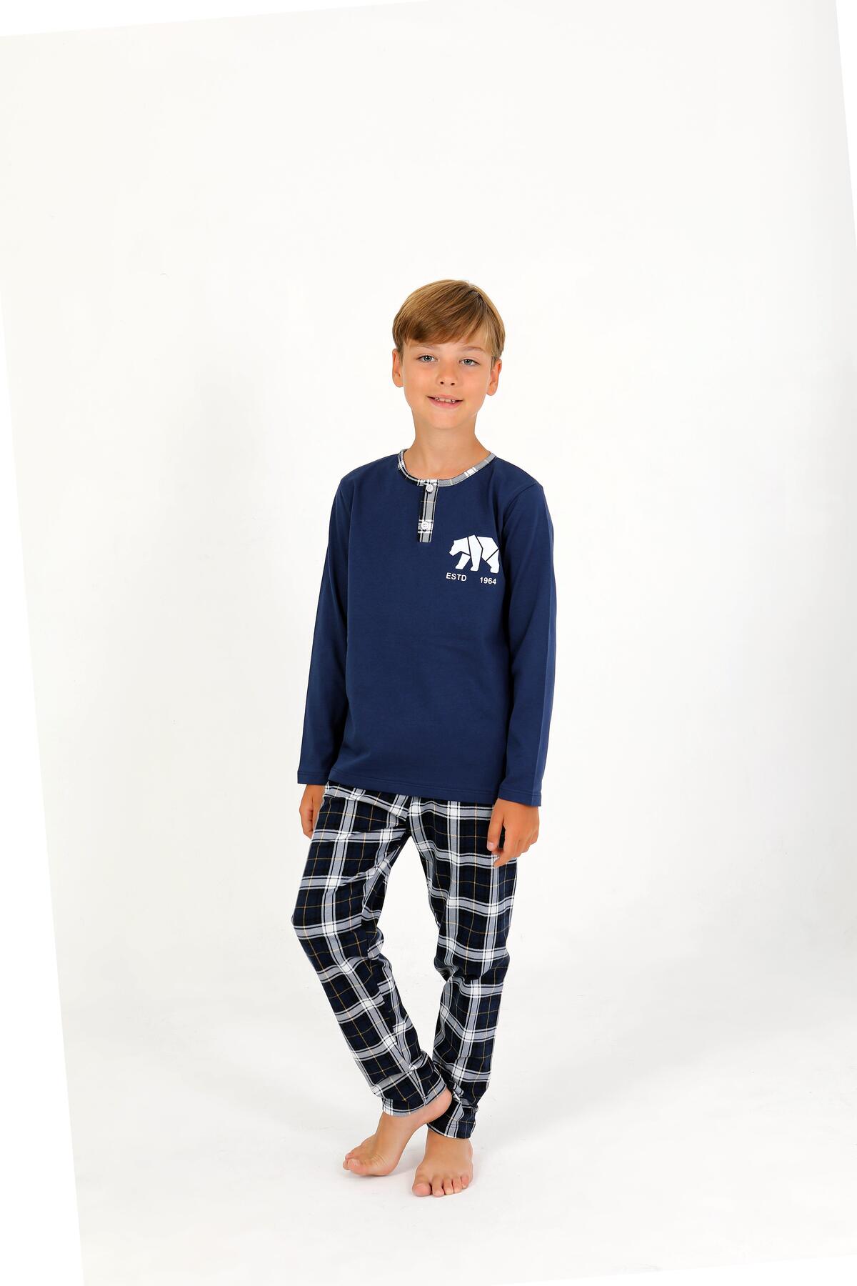 vitmo Erkek Çocuk Uzun Kollu %100 Pamuklu Düğme Detaylı Pijama Takımı Everest fotoğrafı 2 (önizleme)