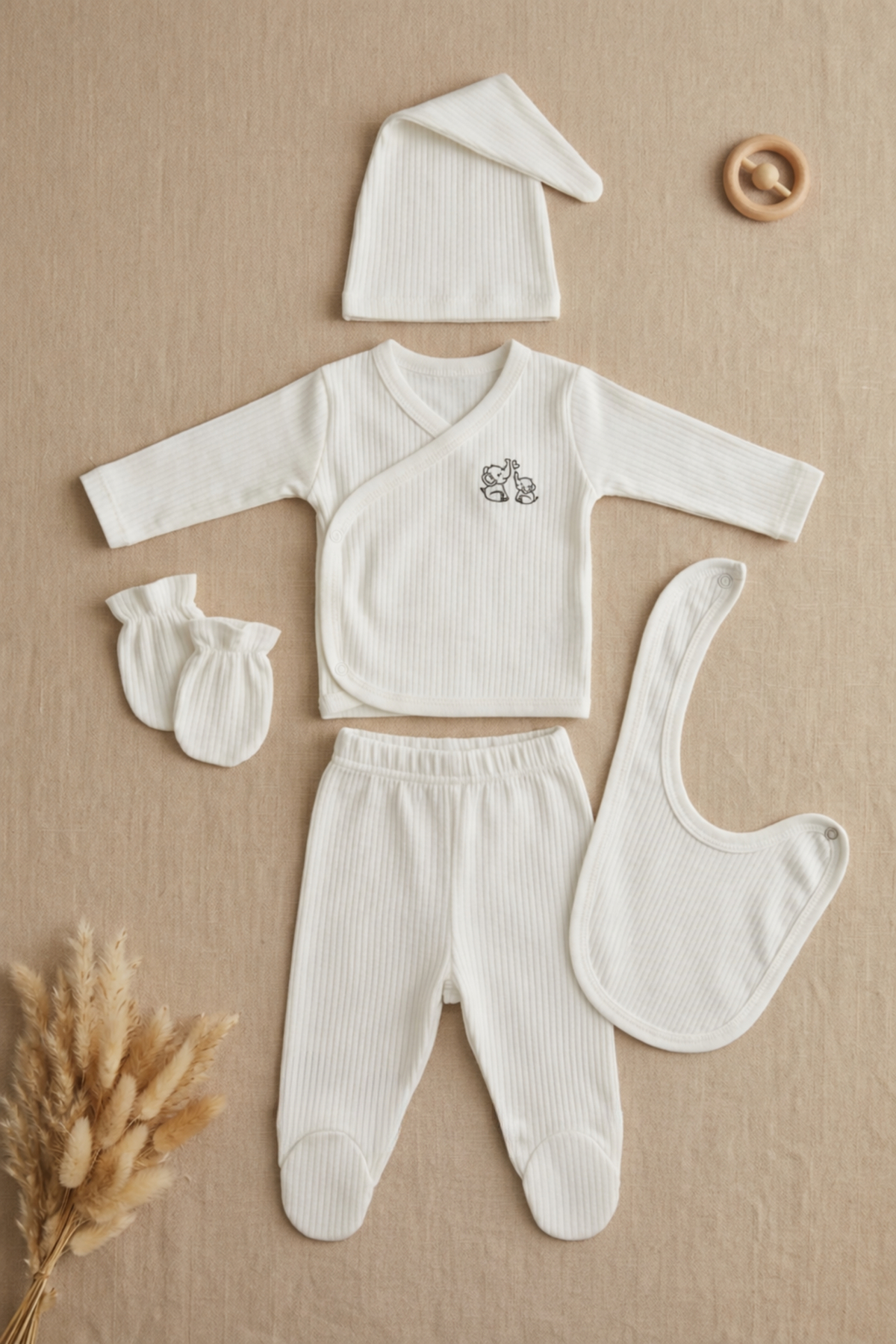 bebeqon 5 Parça %100 Pamuk Bebek Hastane Çıkış Seti Kruvaze Üst Alt Eldiven Şapka Ve Önlük Takımı Beyaz fotoğrafı 3 (önizleme)