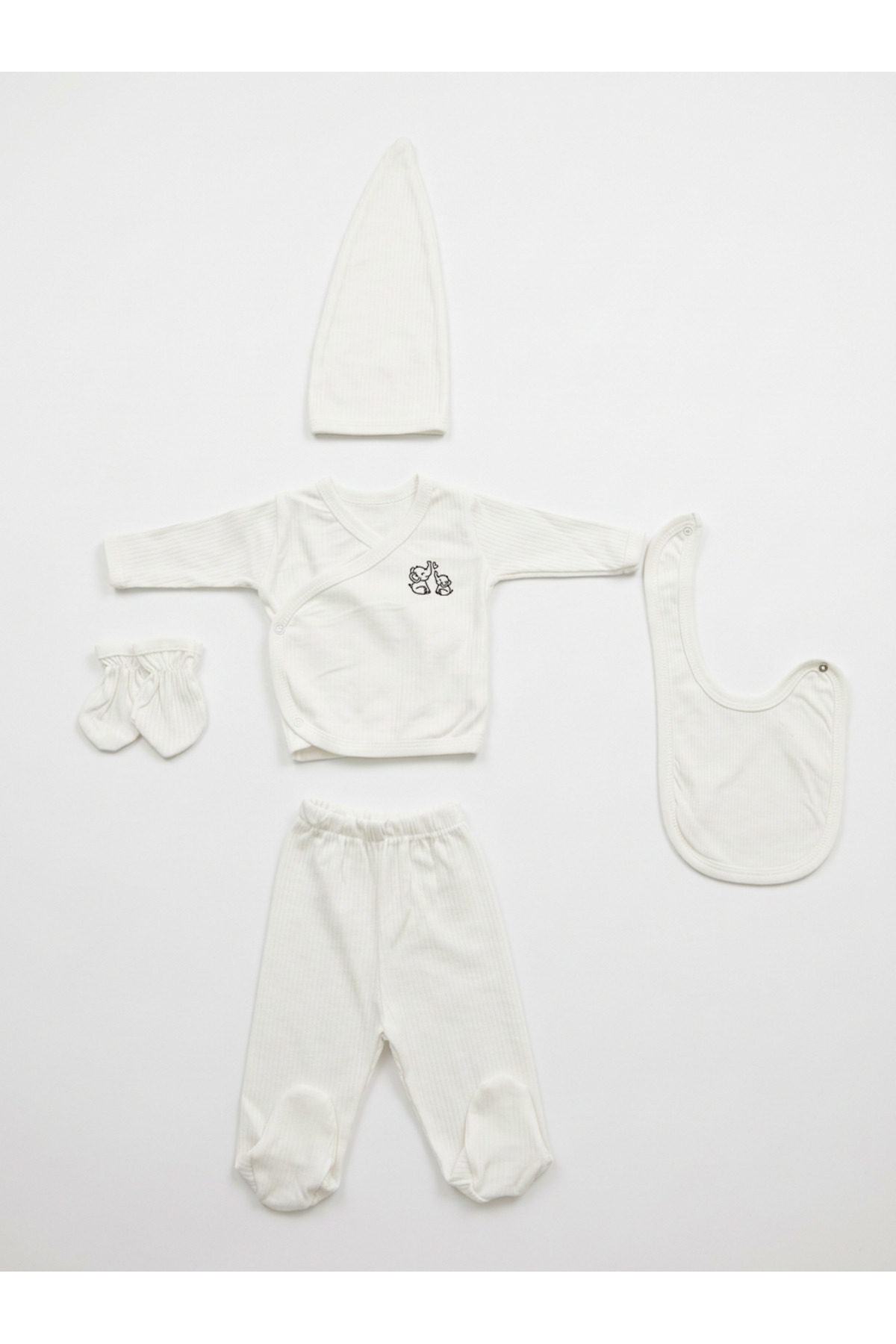 bebeqon 5 Parça %100 Pamuk Bebek Hastane Çıkış Seti Kruvaze Üst Alt Eldiven Şapka Ve Önlük Takımı Beyaz fotoğrafı 5 (önizleme)