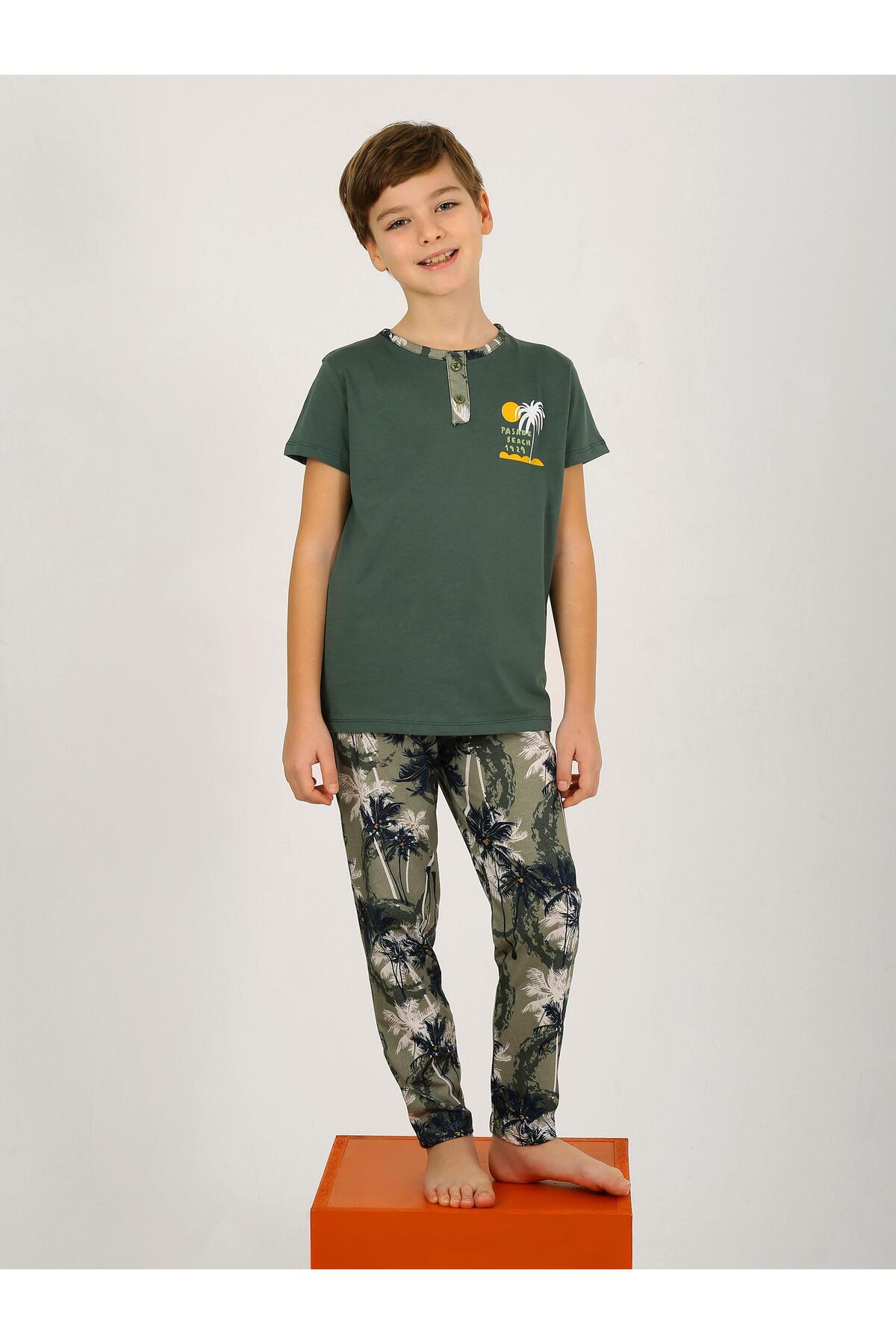 vitmo Erkek Çocuk Kısa Kollu Düğme Detaylı %100 Pamuklu Pijama Takımı The Palm fotoğrafı 7 (önizleme)