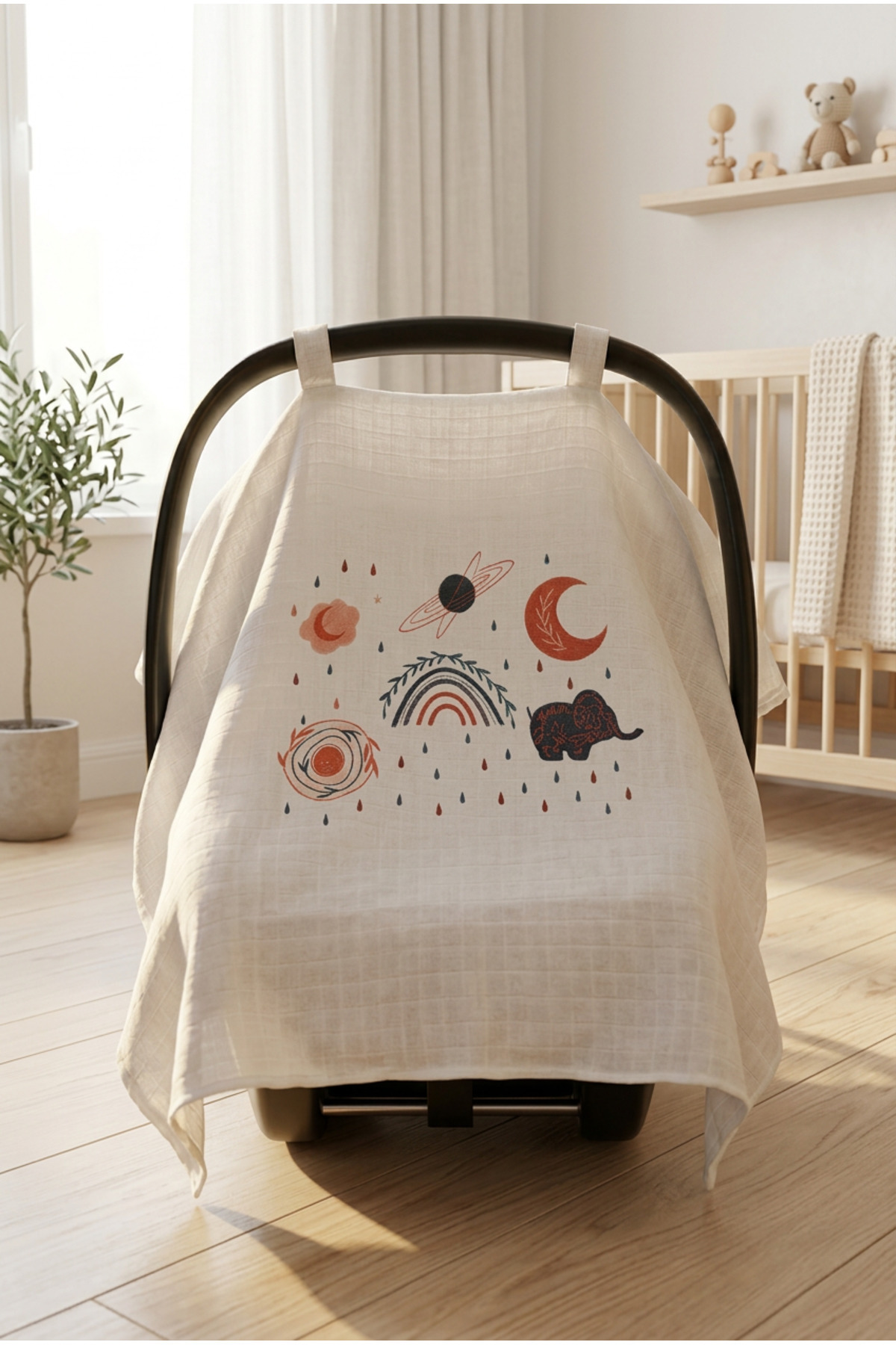 bebeqon %100 Müslin Bebek Puset Örtüsü Bohem Desenli Beyaz 70x110 cm fotoğrafı 3 (önizleme)