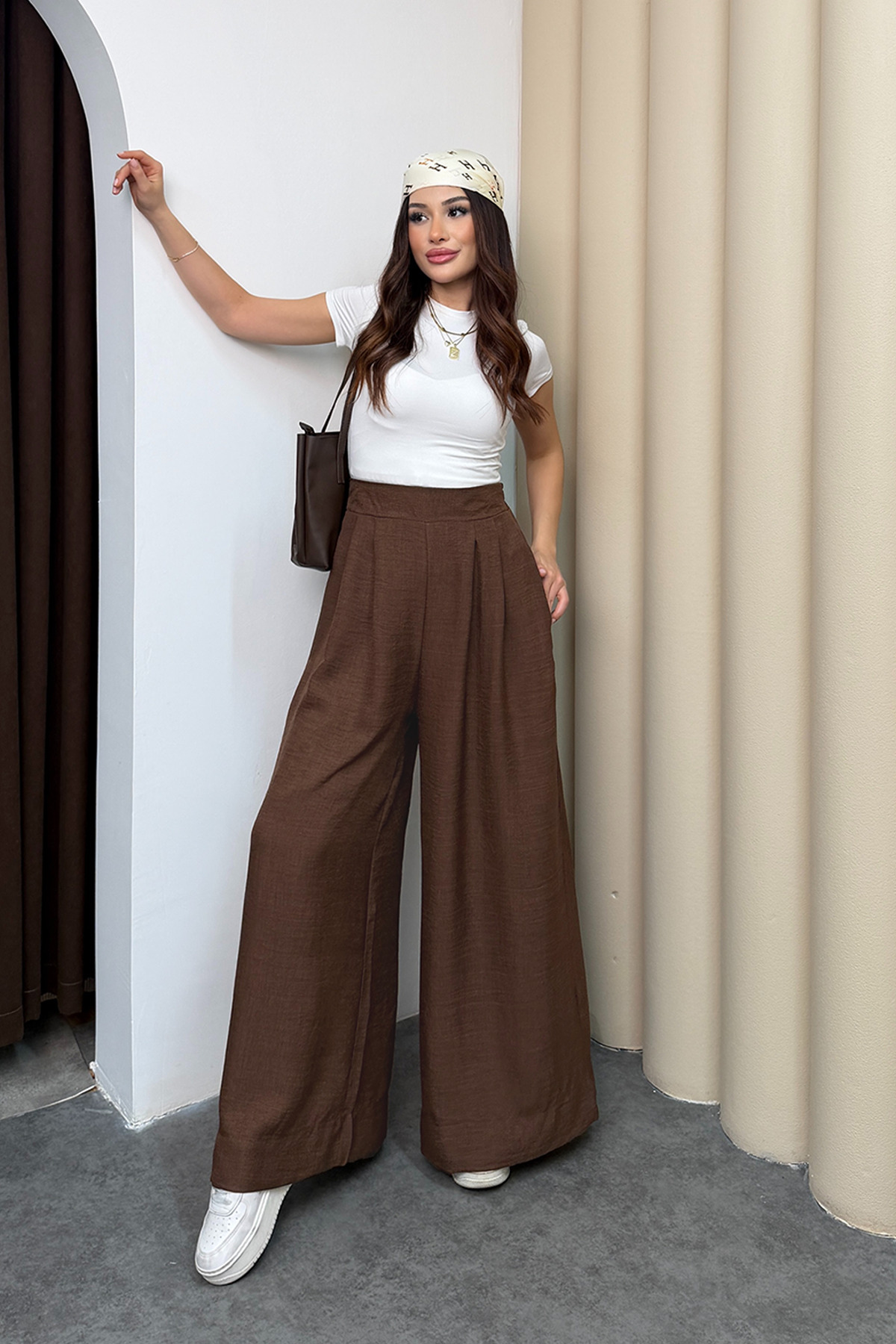 Hatun Atila  Pileli Arka Beli Lastikli Geniş Paça Filamlı Keten Palazzo Pantolon 8980 - Kahverengi - Görsel 5