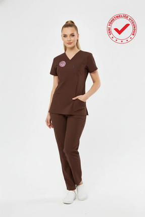 Class Üniforma Kahverengi Hastane Forması Likralı Scrubs Kadın (Yeni Yönetmel...