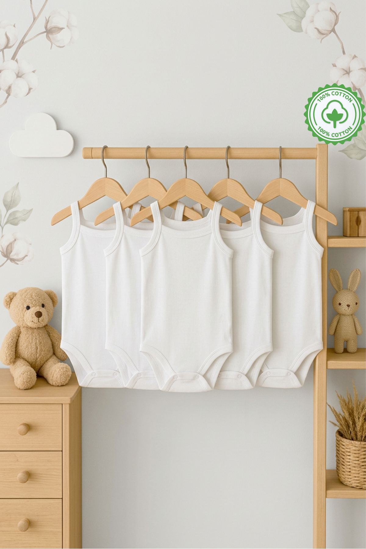 bebeqon %100 Pamuk Askılı Bebek Body 5’li Set Beyaz Çıtçıtlı Zıbın fotoğrafı 4 (önizleme)