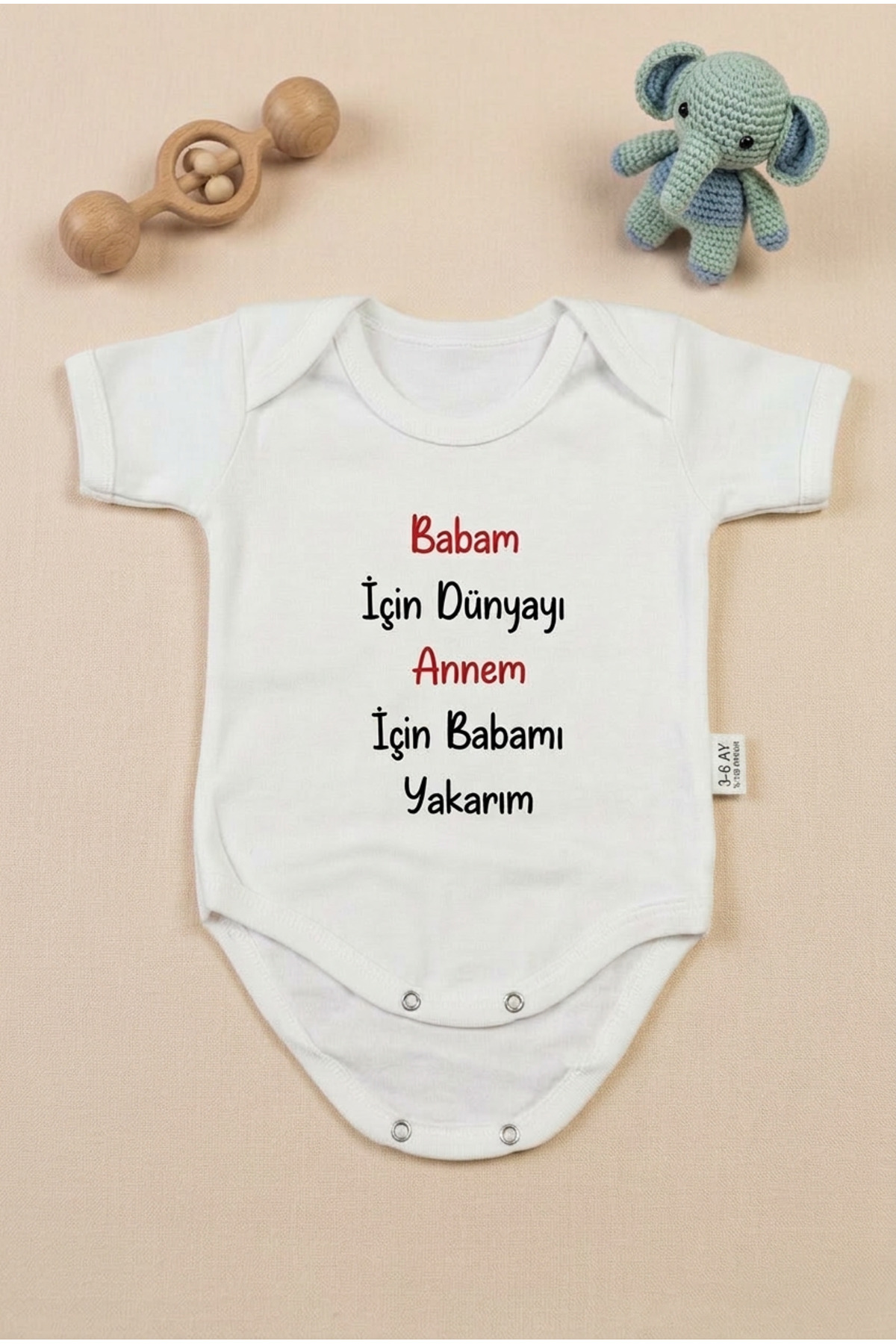 bebeqon ''Babam İçin Dünyayı Annem Için Babamı Yakarım'' Yazılı Yazılı Bebek Zıbını Beyaz Body fotoğrafı 6 (önizleme)