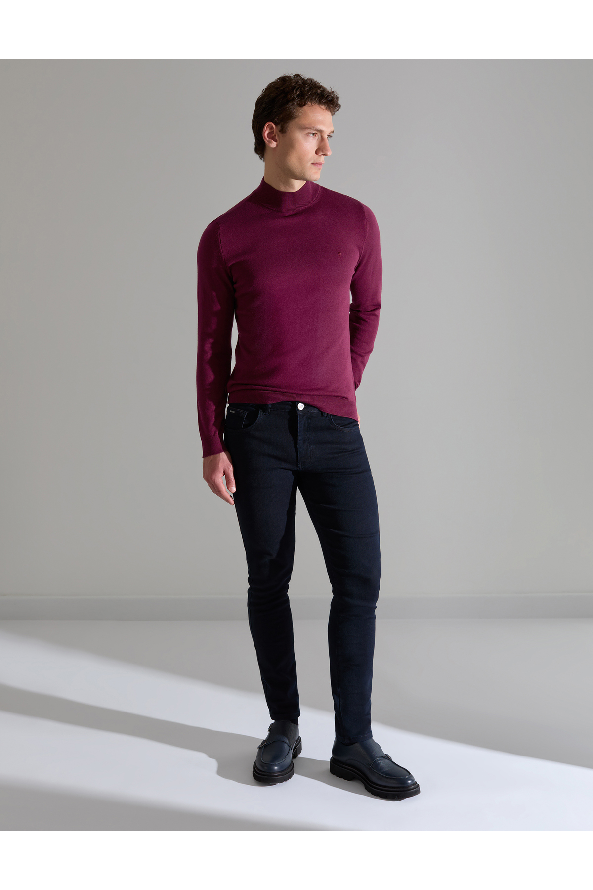 ژاکت بافتنی یقه اسکی ساده زرشکی اسلیم فیت مدل 50314176-VR014 پیر کاردین پلیور Pierre Cardin