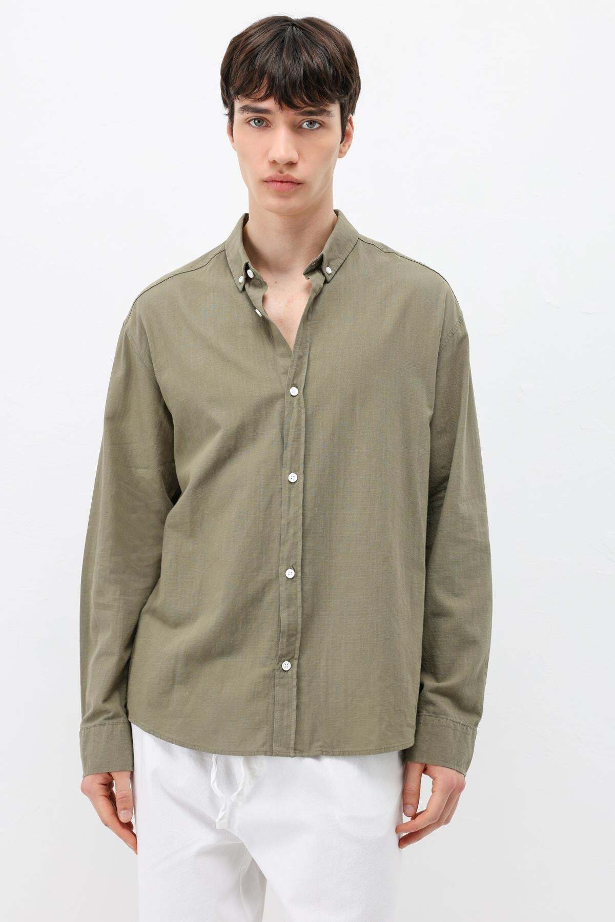 VAMOSCLO Basic Oversize Pamuk Keten Gömlek Haki görsel 3