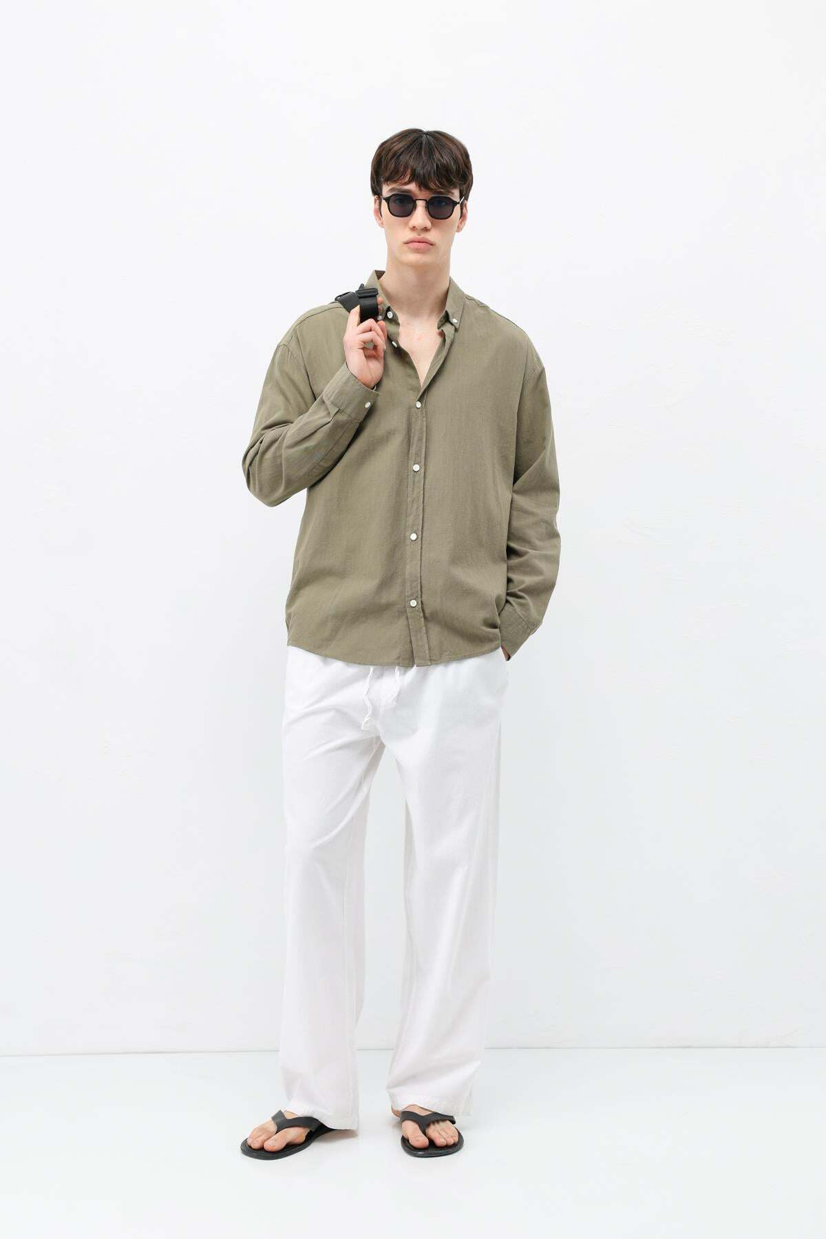 VAMOSCLO Basic Oversize Pamuk Keten Gömlek Haki görsel 7