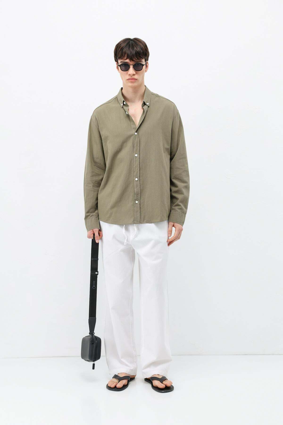 VAMOSCLO Basic Oversize Pamuk Keten Gömlek Haki görsel 2
