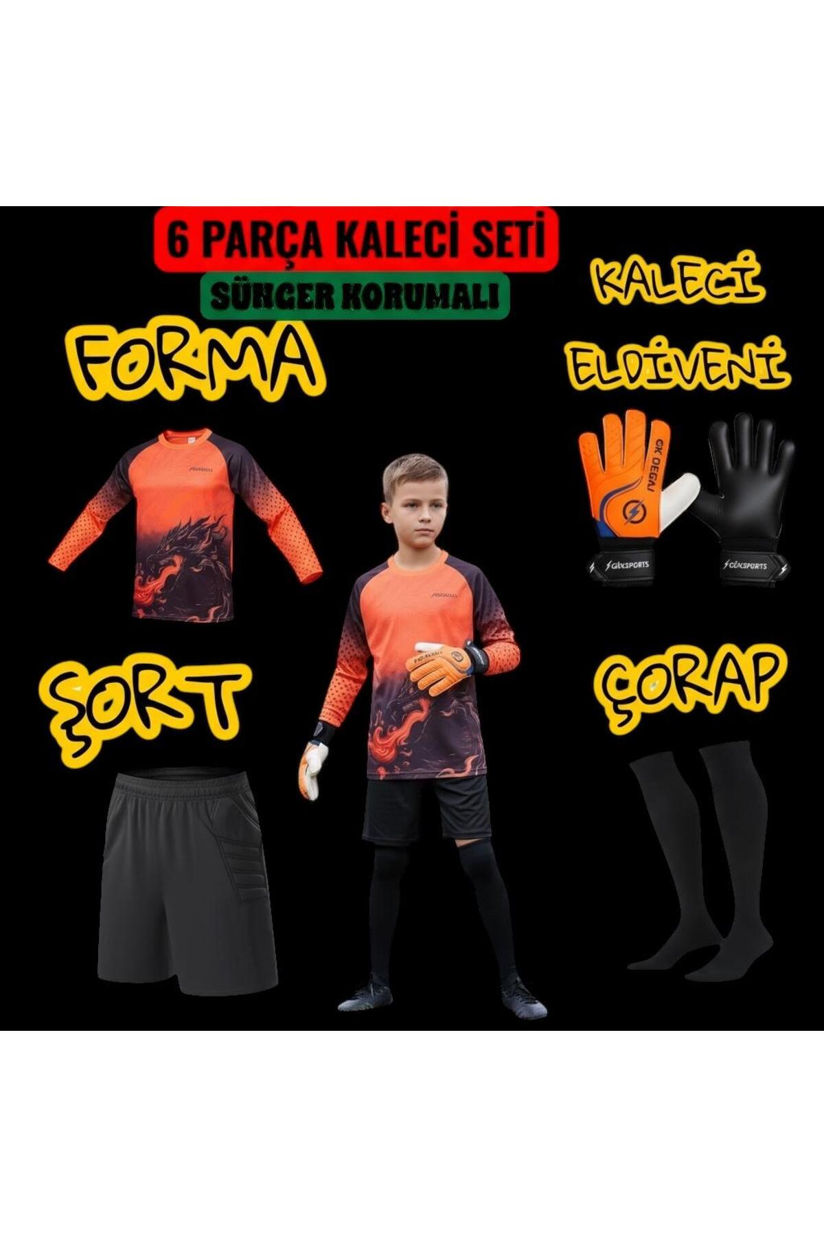 Dragon Patterned Kids Goalkeeper Gloves Sponge Supported Kids Goalkeeper Jersey Shorts Socks Set
