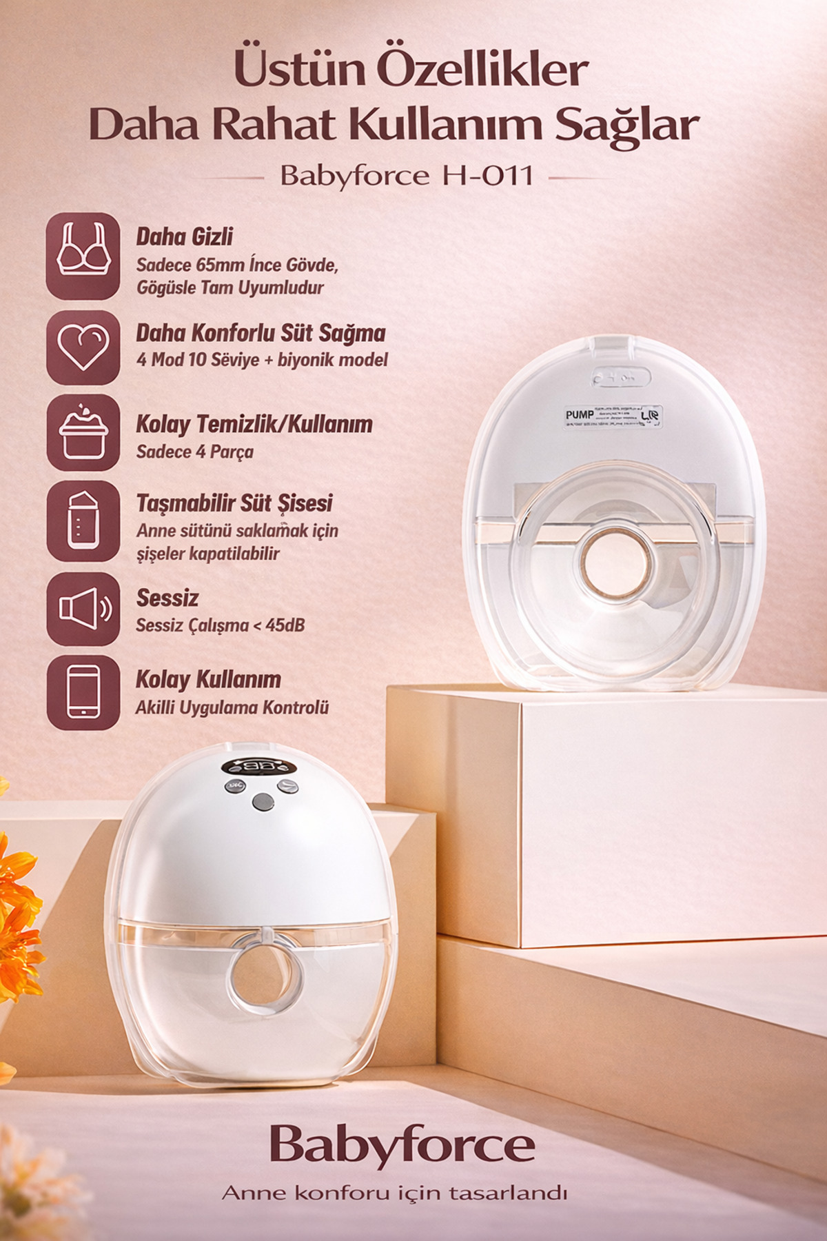 Baby Force H-011 Giyilebilir Göğüs Pompası Tekli | Kablosuz, Sessiz ve Taşınabilir Süt Sağma Makinesi fotoğrafı 2 (önizleme)