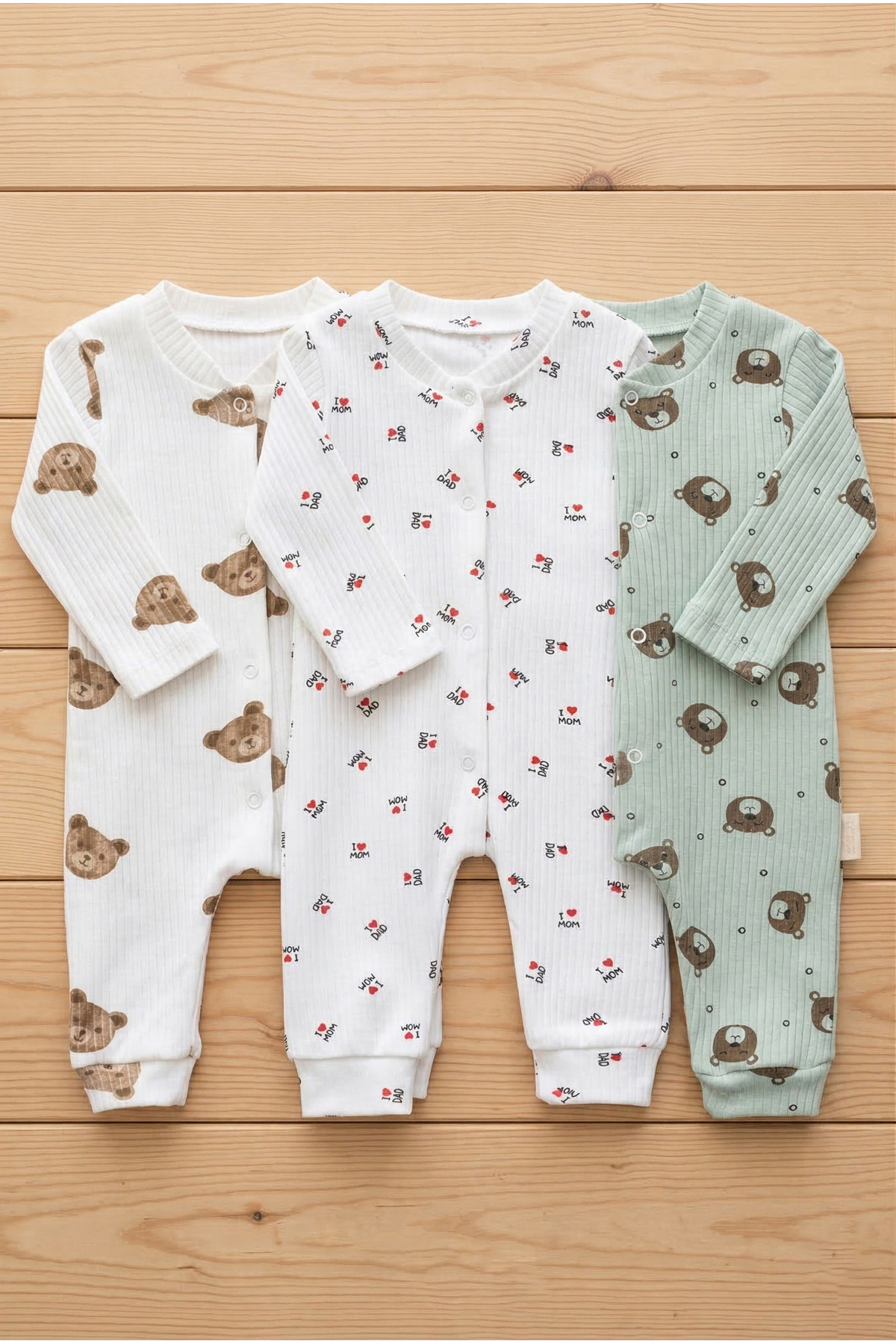 Noone 3'lü Paket Ayıcık Desenli Fitilli (Kaşkorse) %100 Pamuklu Bebek Tulum Seti fotoğrafı 2 (önizleme)