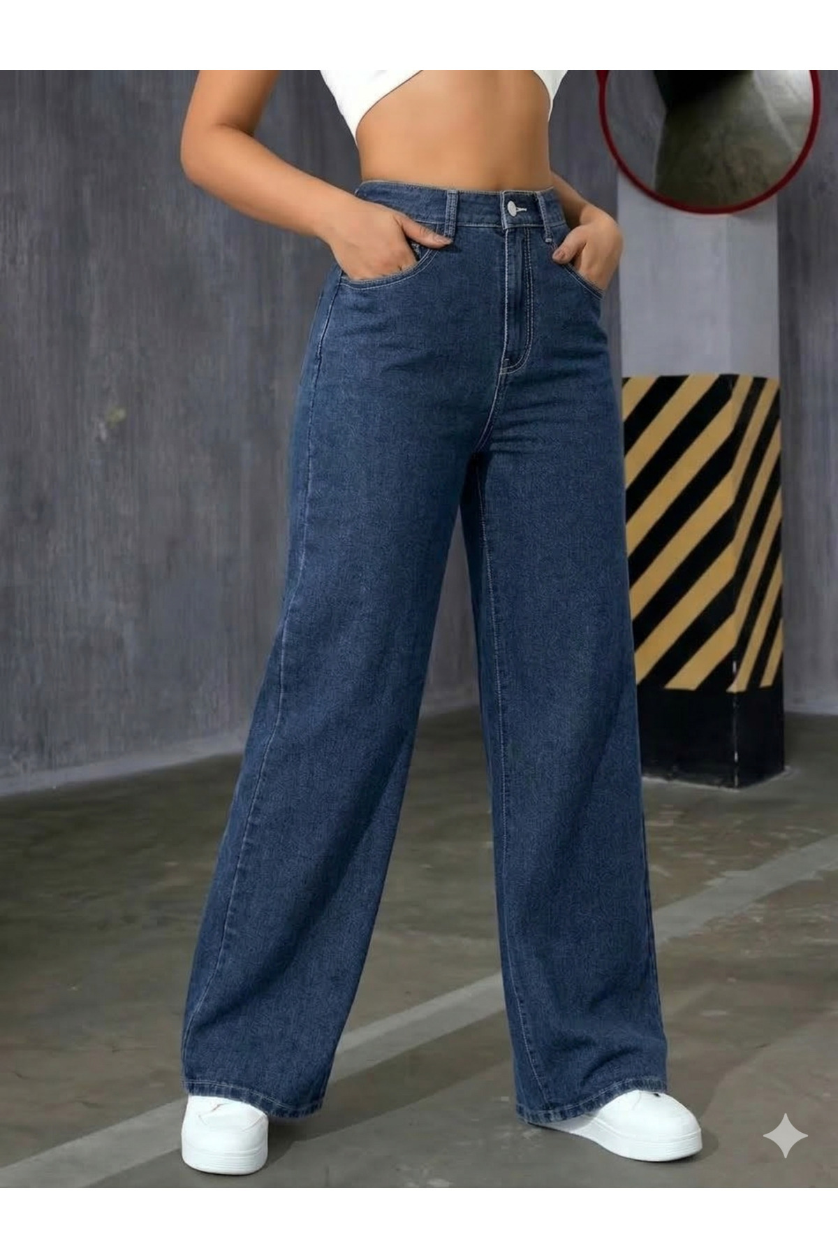 mooishan Evelin Kamelya Lacivert Yüksek Bel Palazzo,Wide Leg Jeans, Likralı Bol Paça Salaş JeansDK-5
