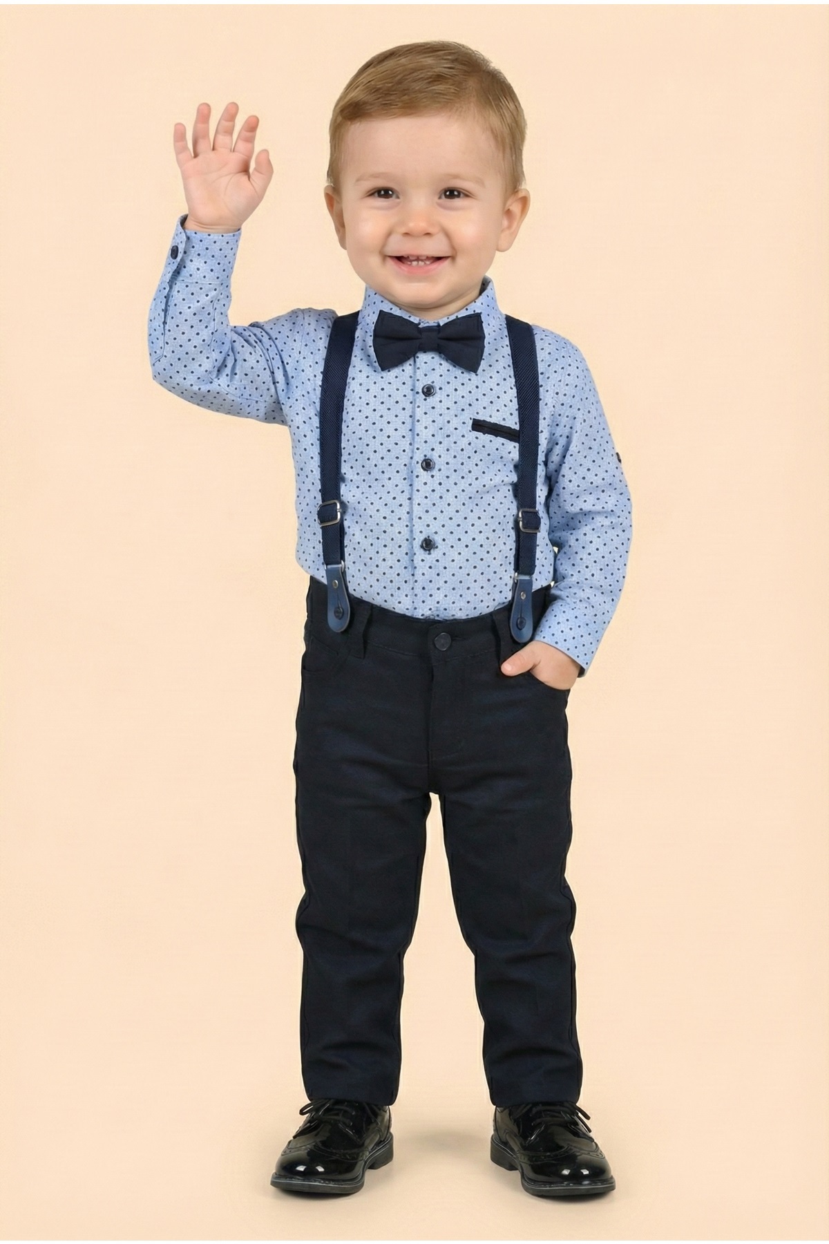 Mnk Baby&Kids Erkek Bebek Askı Papyon Gömlek Pantolon Takım M00785 MAVİ fotoğrafı 2 (önizleme)