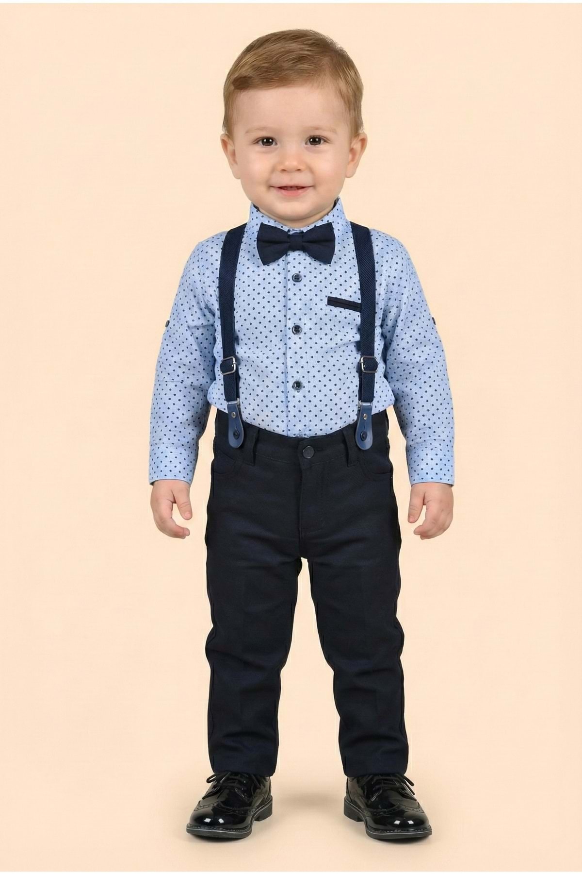Mnk Baby&Kids Erkek Bebek Askı Papyon Gömlek Pantolon Takım M00785 MAVİ fotoğrafı 4 (önizleme)