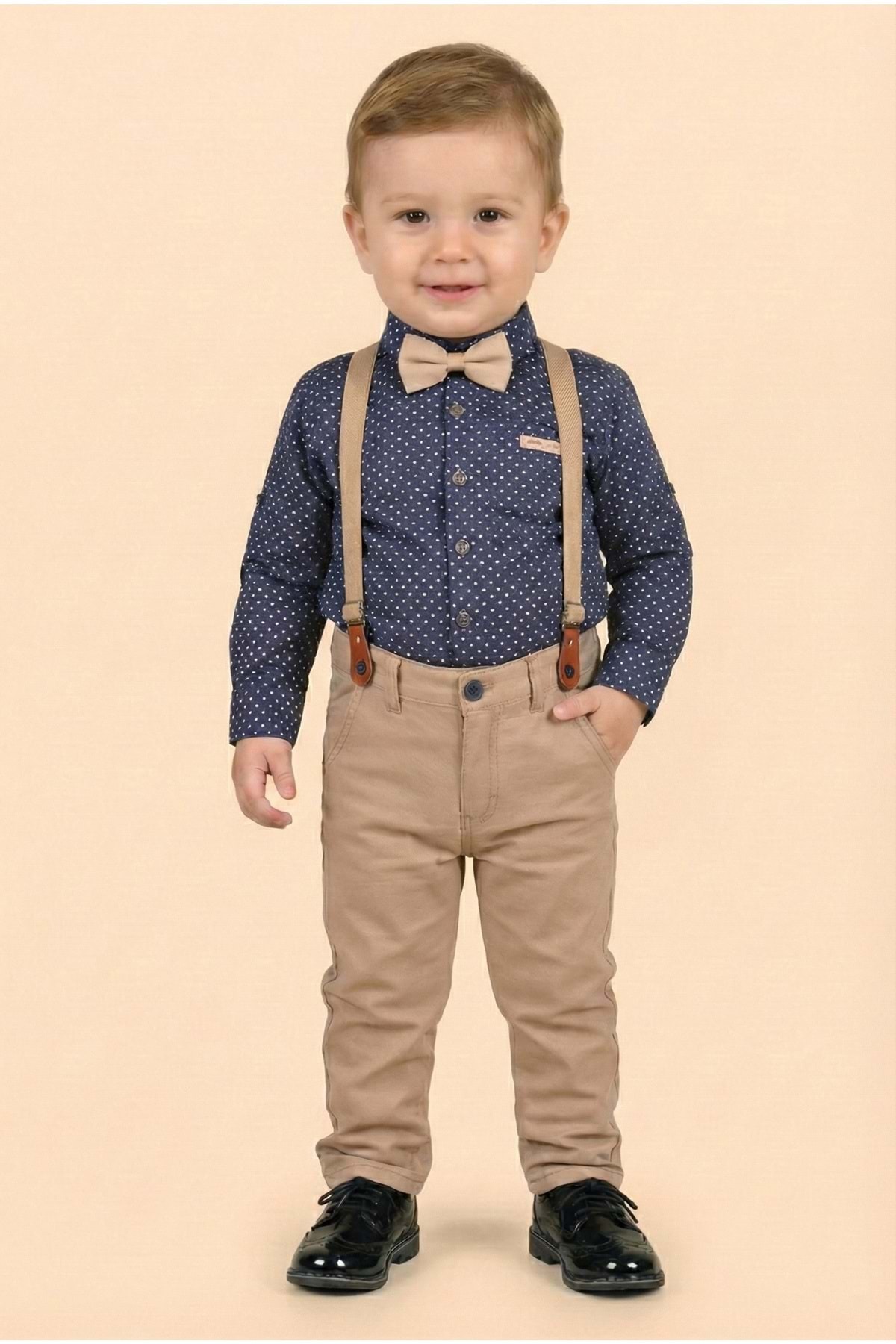 Mnk Baby&Kids Erkek Bebek Askı Papyon Gömlek Pantolon Takım M00785 LACİVERT fotoğrafı 3 (önizleme)