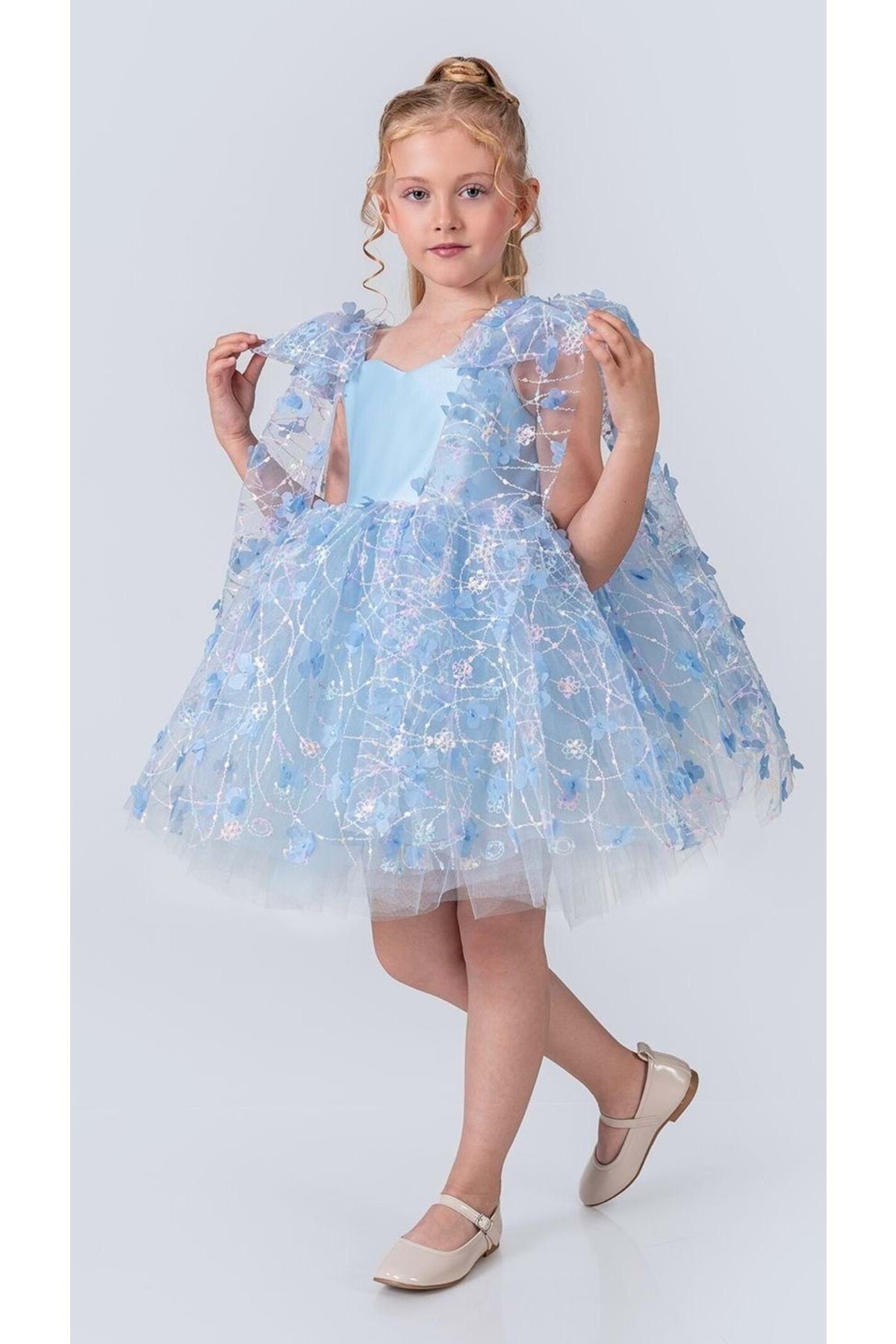 Mnk Baby&Kids Çiçek Brode Desen İmeros Kız Abiye M00736 MAVİ