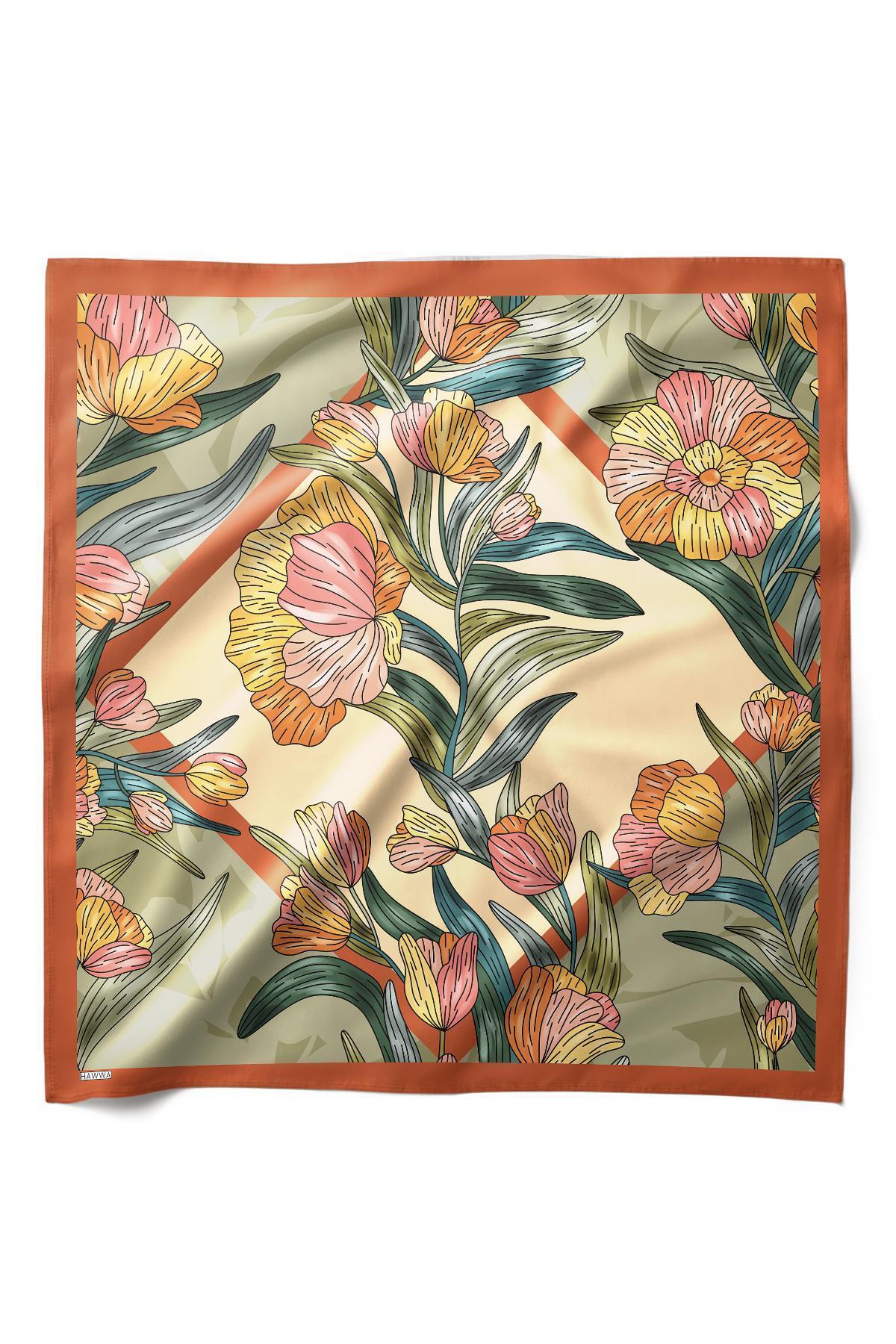 HAWWA Amber Çiçek Desenli Saten Fular 70x70 cm görsel 2