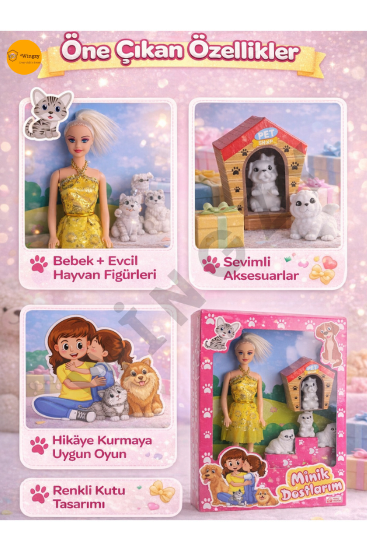 Bebek ve Sevimli Evcil Hayvanlar Oyun Seti Minik Dostlarım Kız Oyuncağı 30 cm