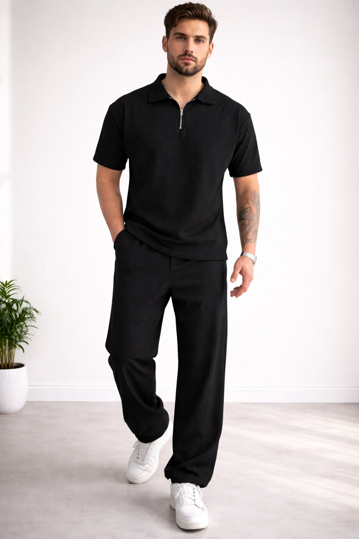 Men's Tracksuit - Black Unprinted Suit Wide Leg T-shirt Wide Leg Ottoman
