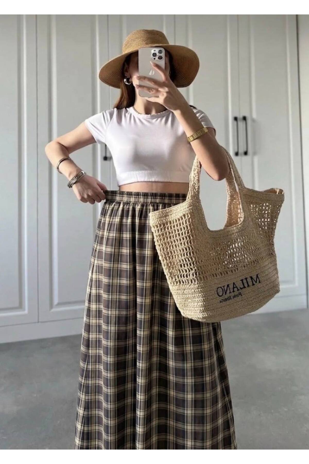 Gülmude  Uzun Beli Lastikli Etek Fleto Cepli İç Göstermez Ekose Desenli Pamuklu Mevsimlik Etek (90CM) - Görsel 2