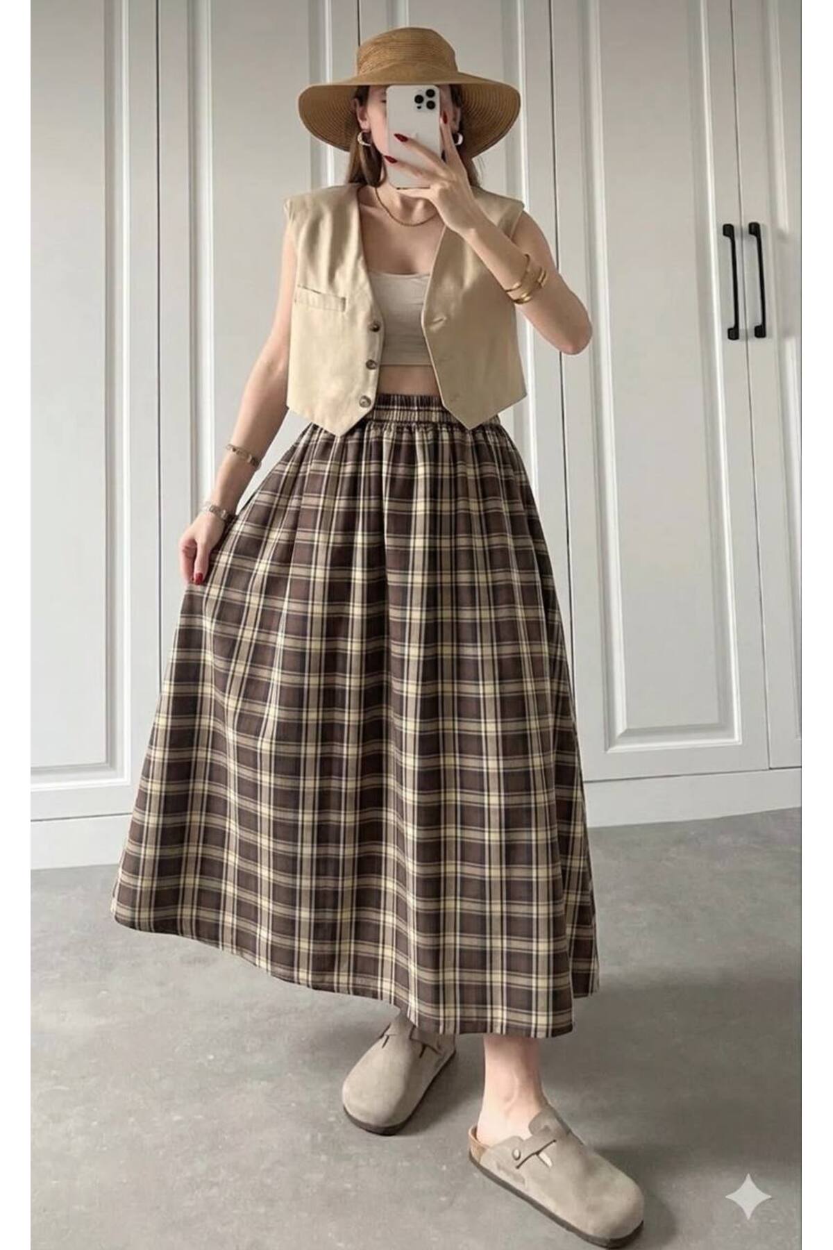 Gülmude  Uzun Beli Lastikli Etek Fleto Cepli İç Göstermez Ekose Desenli Pamuklu Mevsimlik Etek (90CM) - Görsel 3