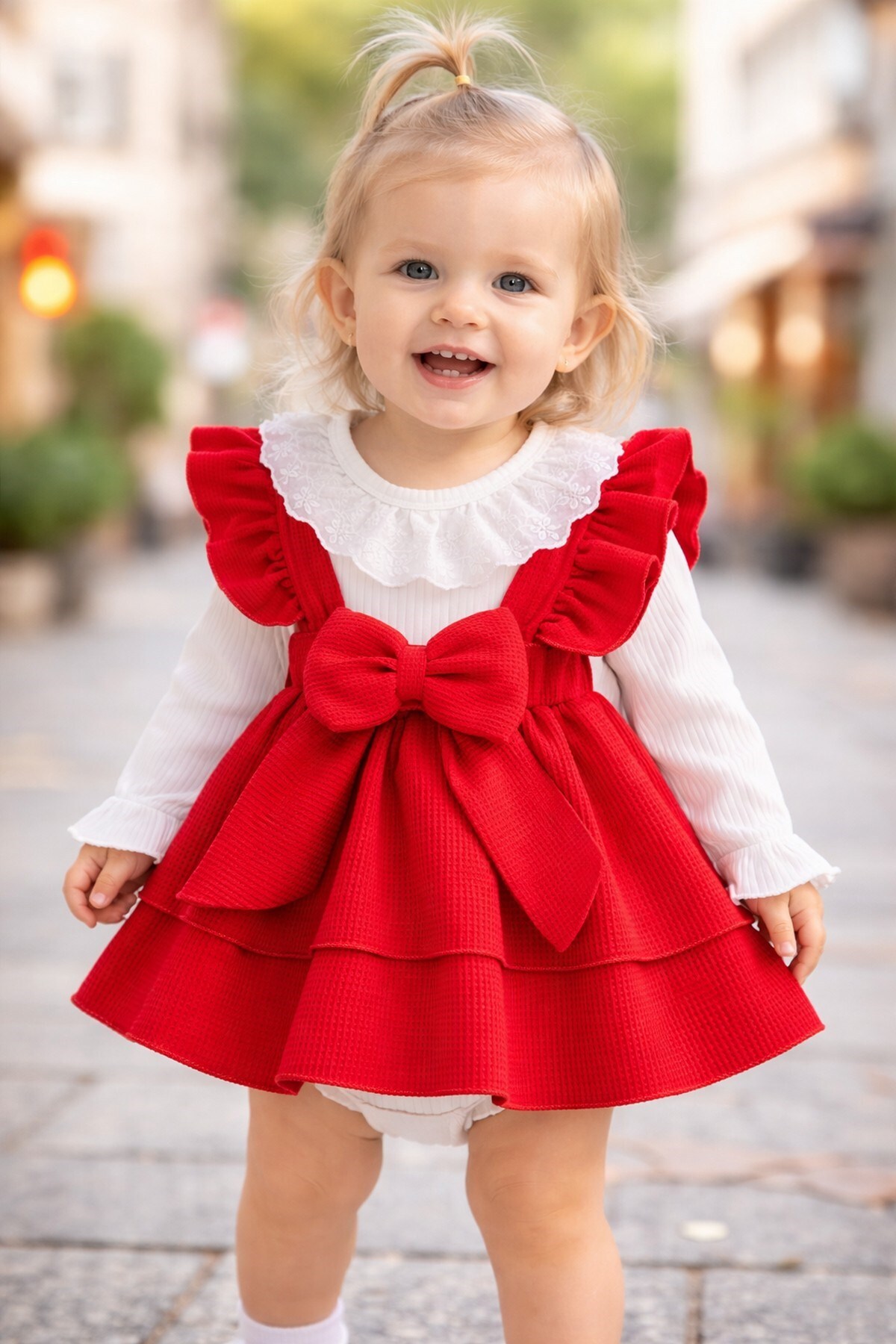 dinamik çocuk  Kız Bebek Waffle Kumaş Fiyonklu Elbise & Dantelli Badi 2'li Takım 0-3-6-9-12Ay Bayramlık Şık Elbise - Görsel 5