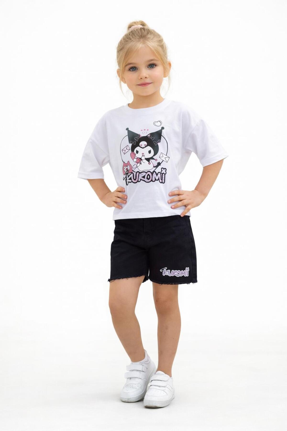 Girls Kuromi Printed T-Shirt and Black Shorts Set 26011