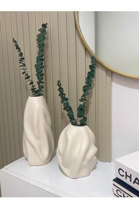 Tuge Home Dalgalı 2'li Seramik Vazo – Kum Beji