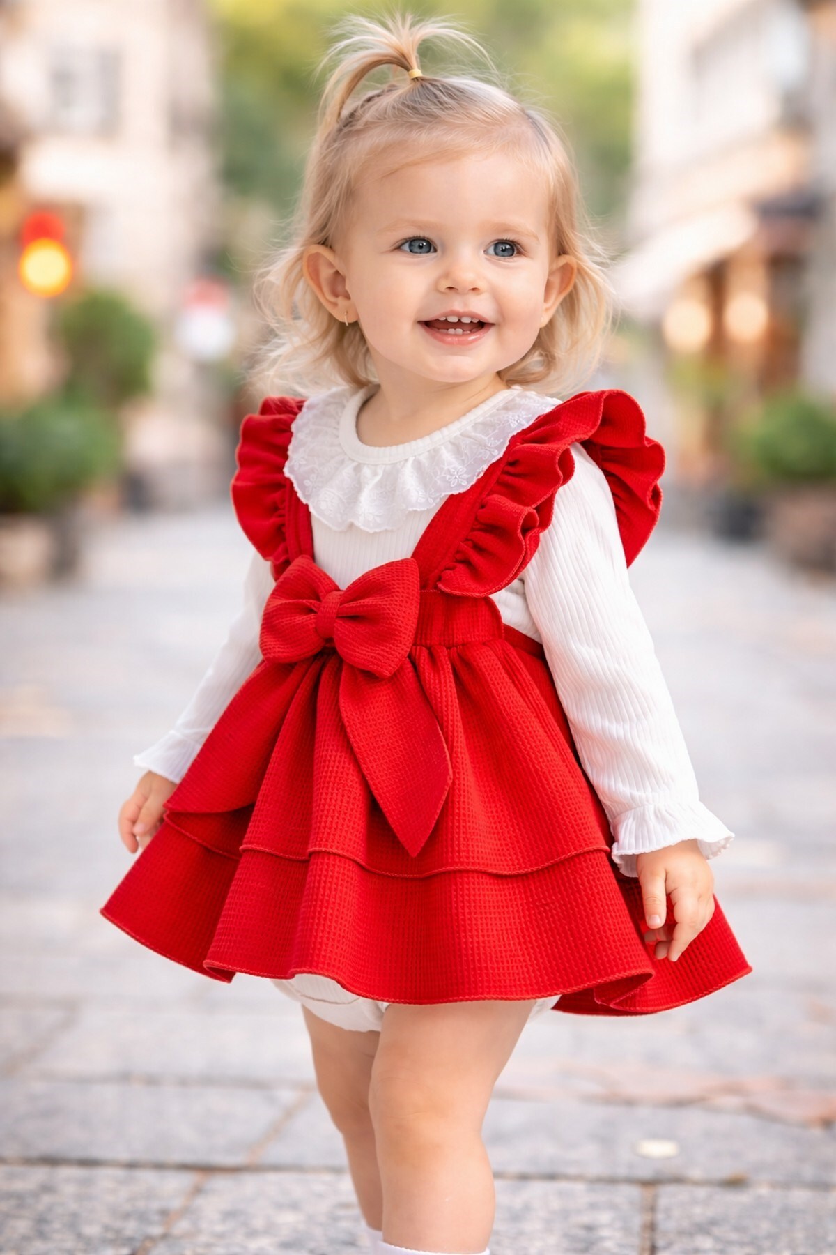 dinamik çocuk  Kız Bebek Waffle Kumaş Fiyonklu Elbise & Dantelli Badi 2'li Takım 0-3-6-9-12Ay Bayramlık Şık Elbise - Görsel 4