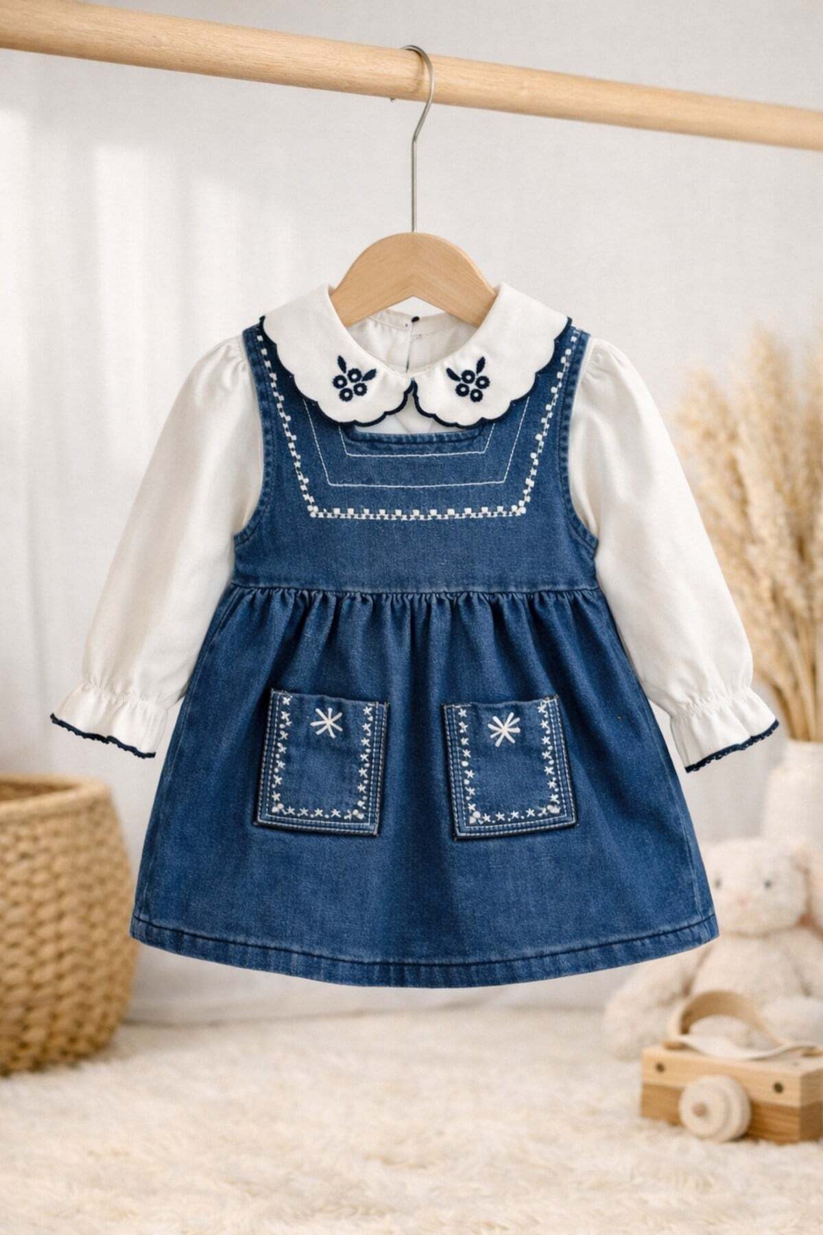 dinamik çocuk Kız Bebek Nakışlı İşlemeli Kot Elbise+Beyaz Yakalı Badi İnce Uzun Kollu 2'li Takım (0-3-6-9-12Ay) Ba fotoğrafı 4 (önizleme)