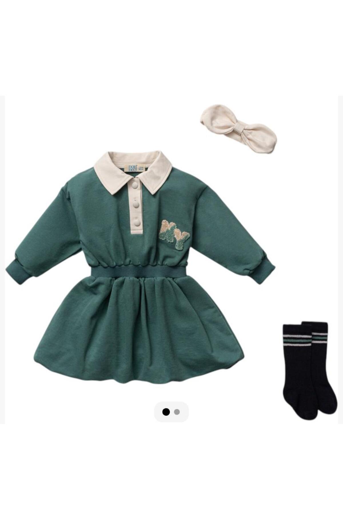 Noy Noy Kız Bebek Balon Etekli Beli Lastikli 3lü Sweatshirt Yeşil Elbise fotoğrafı 2 (önizleme)