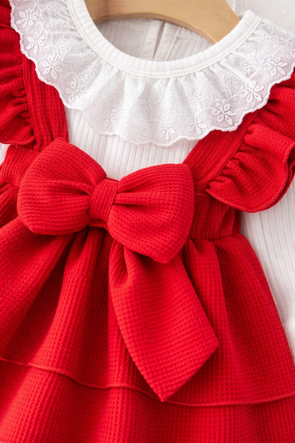 dinamik çocuk  Kız Bebek Waffle Kumaş Fiyonklu Elbise & Dantelli Badi 2'li Takım 0-3-6-9-12Ay Bayramlık Şık Elbise - Görsel 3