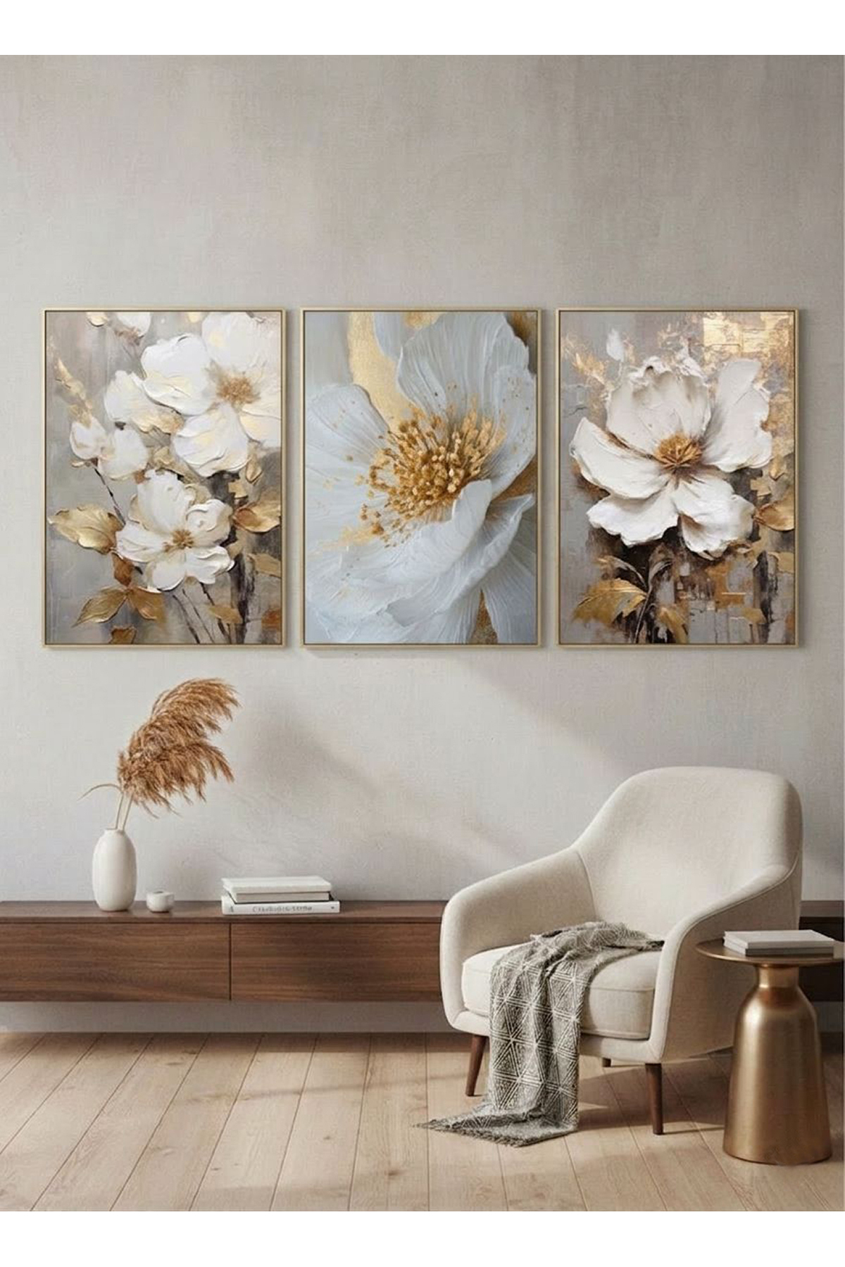 Triple Gold Metal Frame Gold Silver Flower Poster Glass Table Set